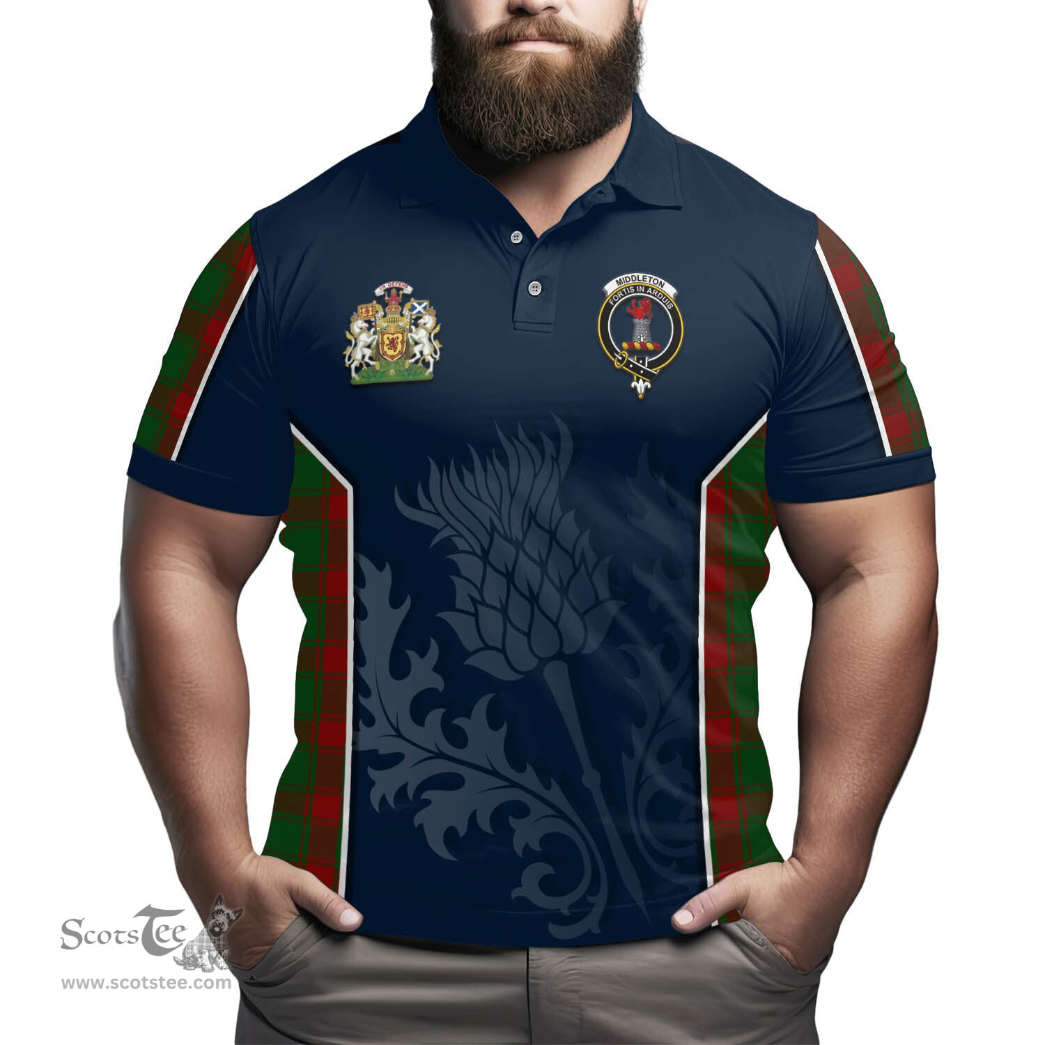 ScotsTee Shop Scottish Middleton Clan Scottish Crest and Scottish Thistle Sport Tartan Polo Shirt