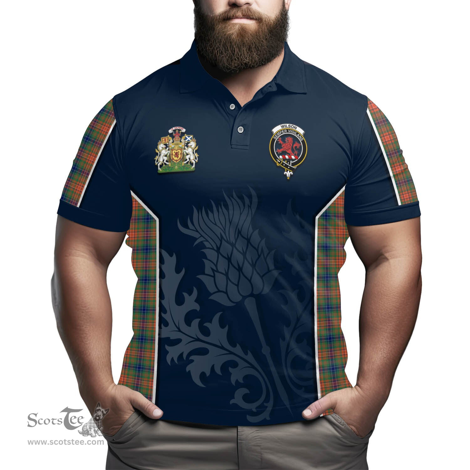 ScotsTee Shop Scottish Wilson Ancient Clan Scottish Crest and Scottish Thistle Sport Tartan Polo Shirt