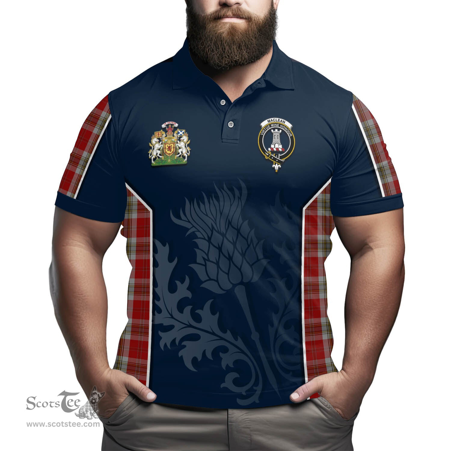 ScotsTee Shop Scottish MacLean of Duart Dress Red Clan Scottish Crest and Scottish Thistle Sport Tartan Polo Shirt