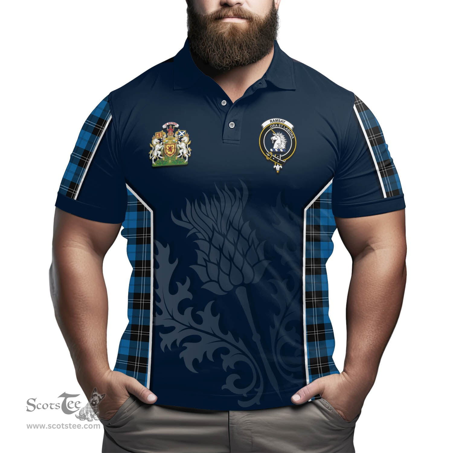 ScotsTee Shop Scottish Ramsay Blue Ancient Clan Scottish Crest and Scottish Thistle Sport Tartan Polo Shirt