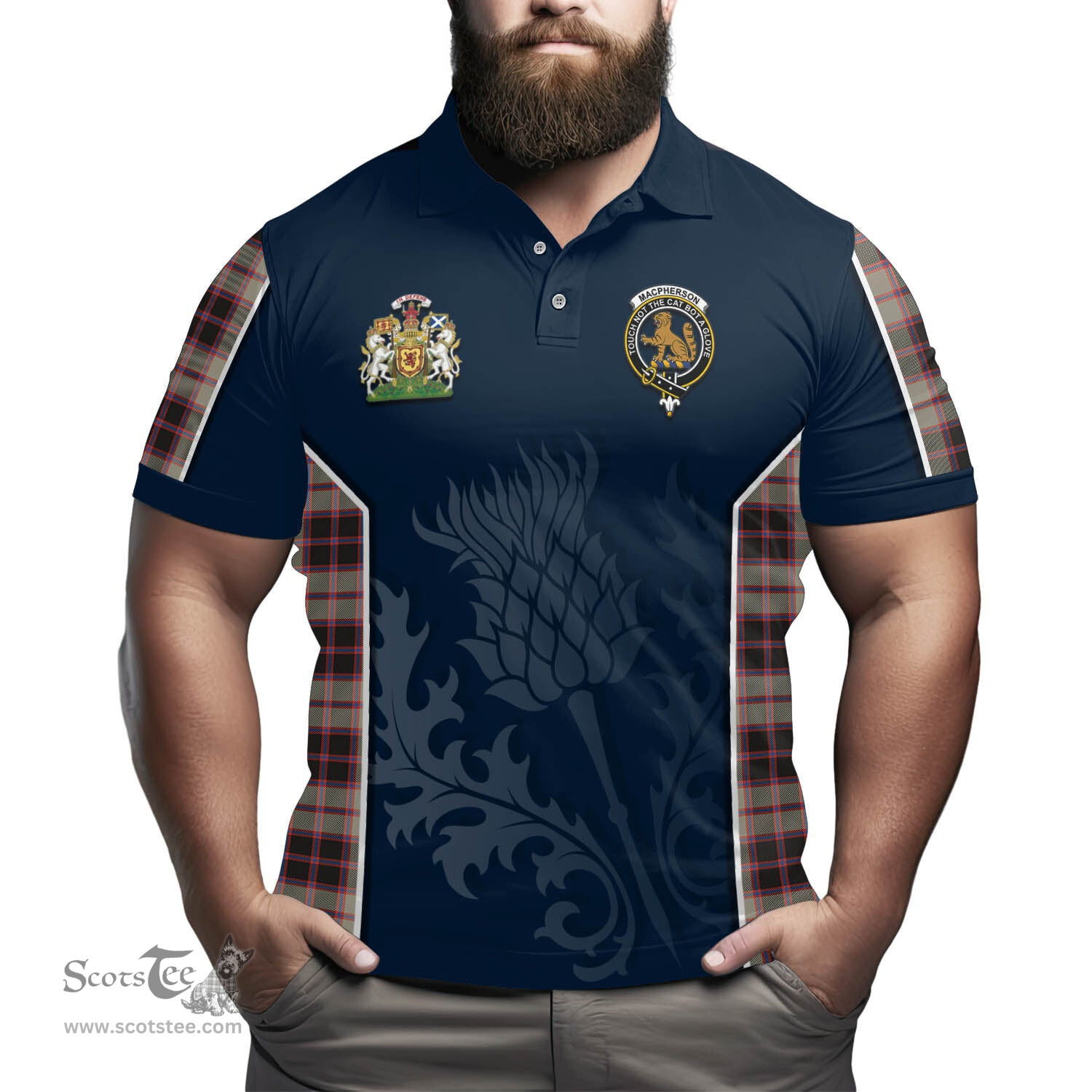 ScotsTee Shop Scottish MacPherson Hunting Ancient Clan Scottish Crest and Scottish Thistle Sport Tartan Polo Shirt