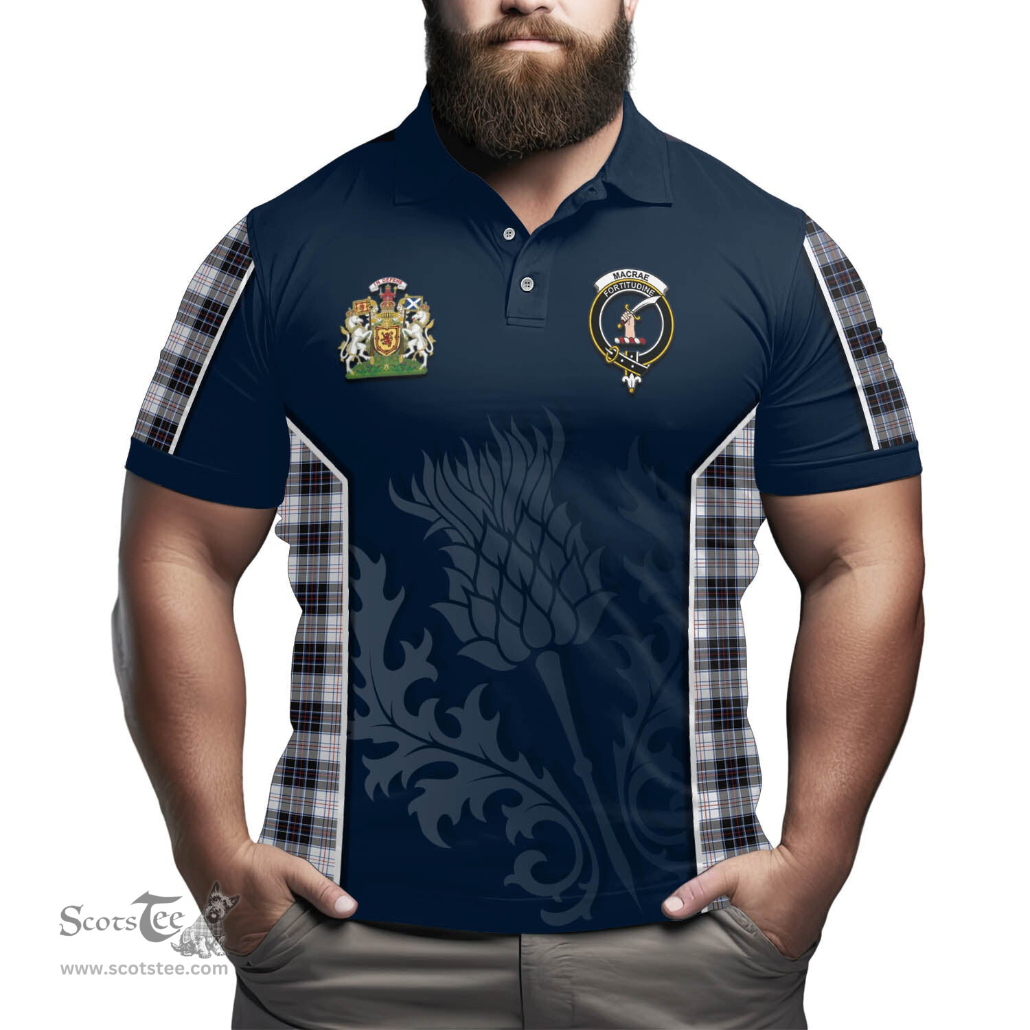 ScotsTee Shop Scottish MacRae Dress Modern Clan Scottish Crest and Scottish Thistle Sport Tartan Polo Shirt