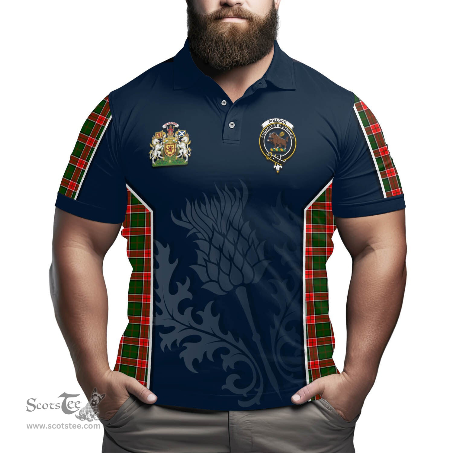 ScotsTee Shop Scottish Pollock Modern Clan Scottish Crest and Scottish Thistle Sport Tartan Polo Shirt