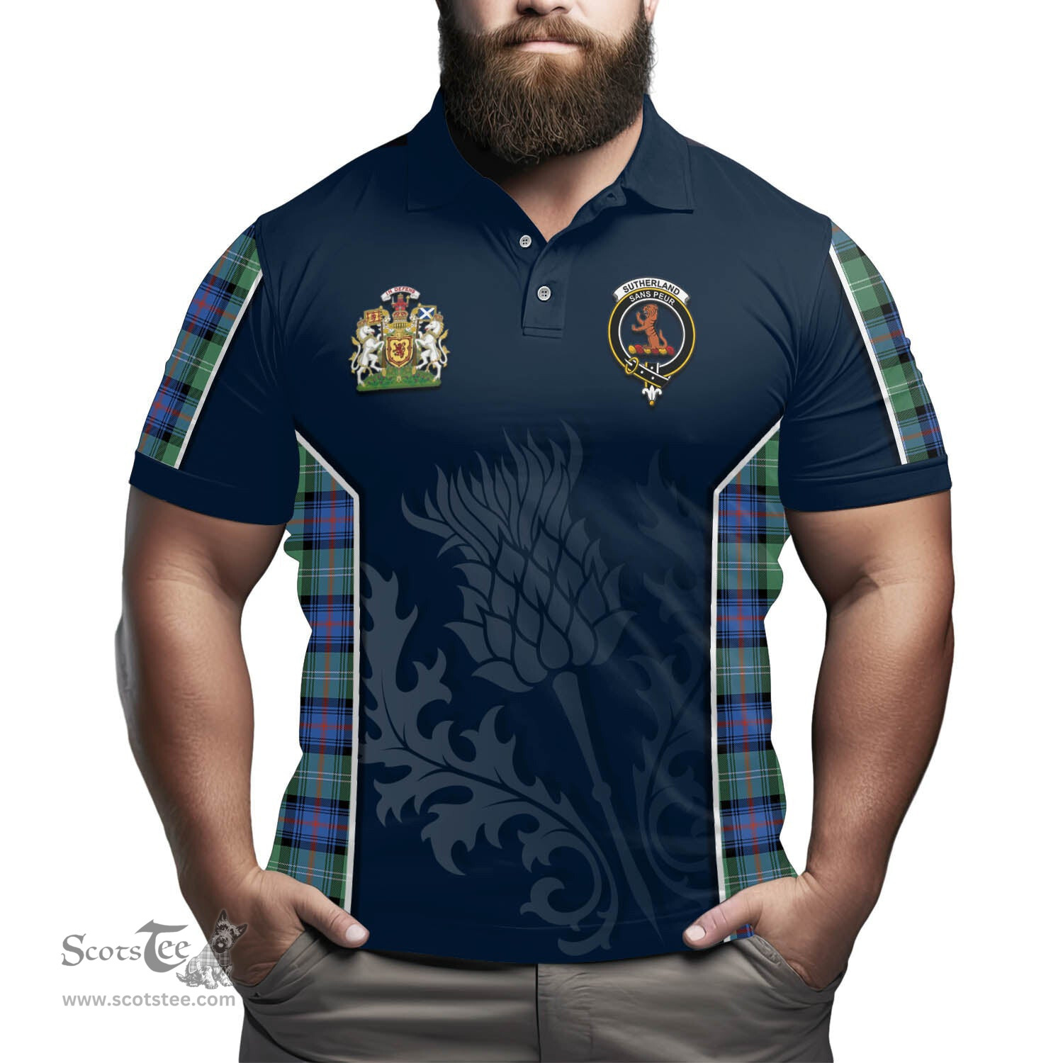 ScotsTee Shop Scottish Sutherland Ancient Clan Scottish Crest and Scottish Thistle Sport Tartan Polo Shirt