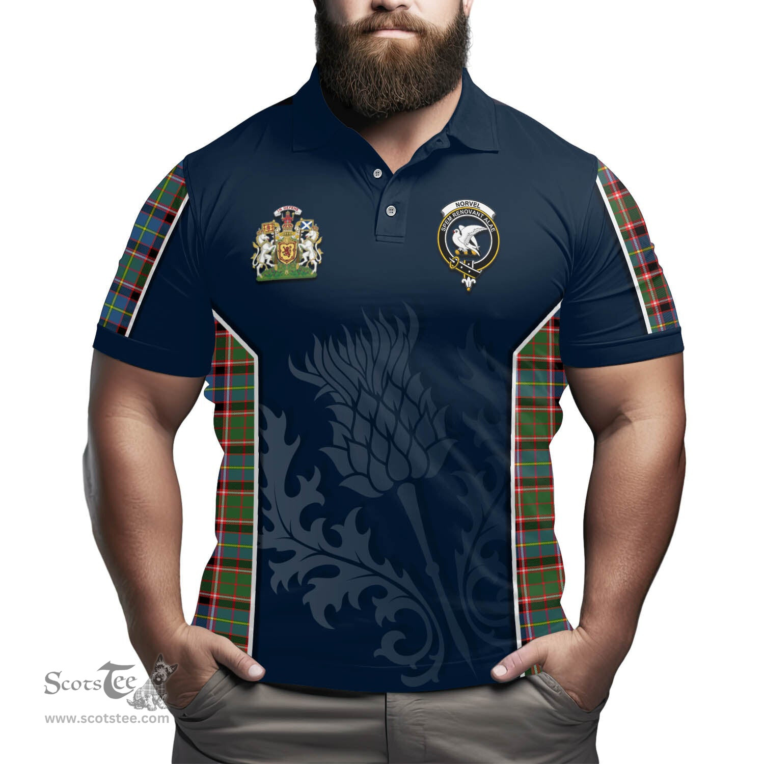 ScotsTee Shop Scottish Norvel Clan Scottish Crest and Scottish Thistle Sport Tartan Polo Shirt