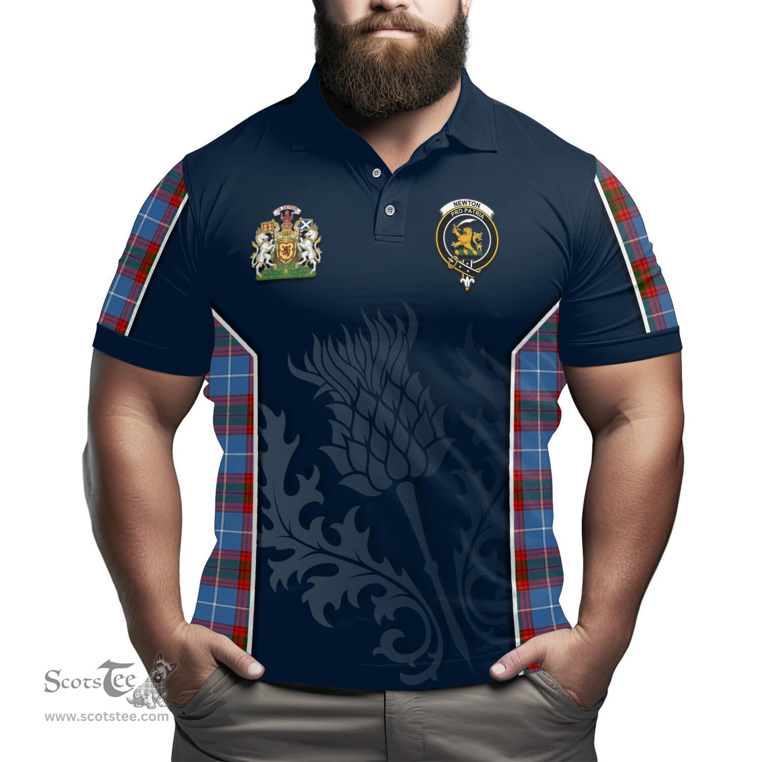 ScotsTee Shop Scottish Newton Clan Scottish Crest and Scottish Thistle Sport Tartan Polo Shirt