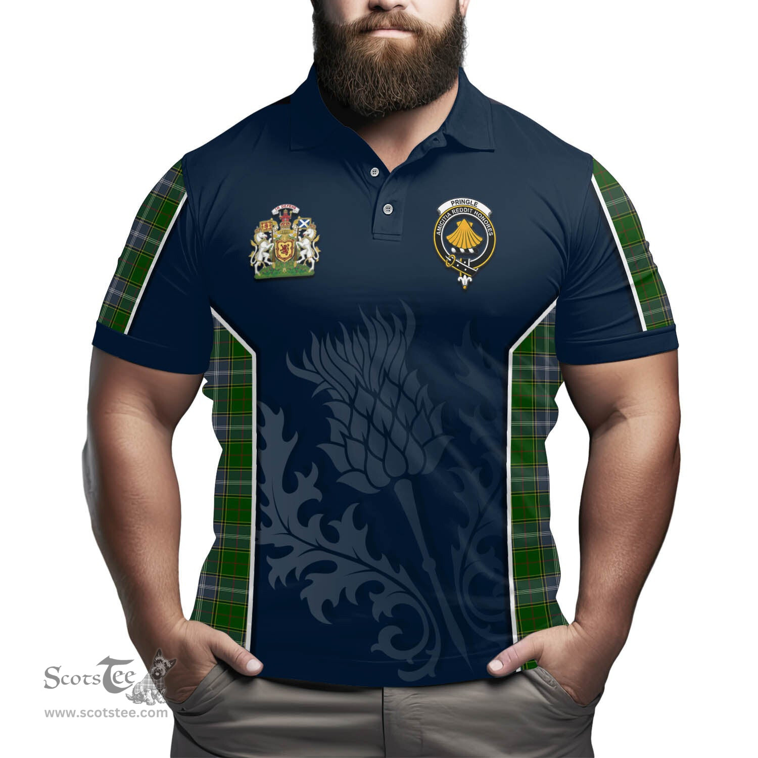 ScotsTee Shop Scottish Pringle Clan Scottish Crest and Scottish Thistle Sport Tartan Polo Shirt
