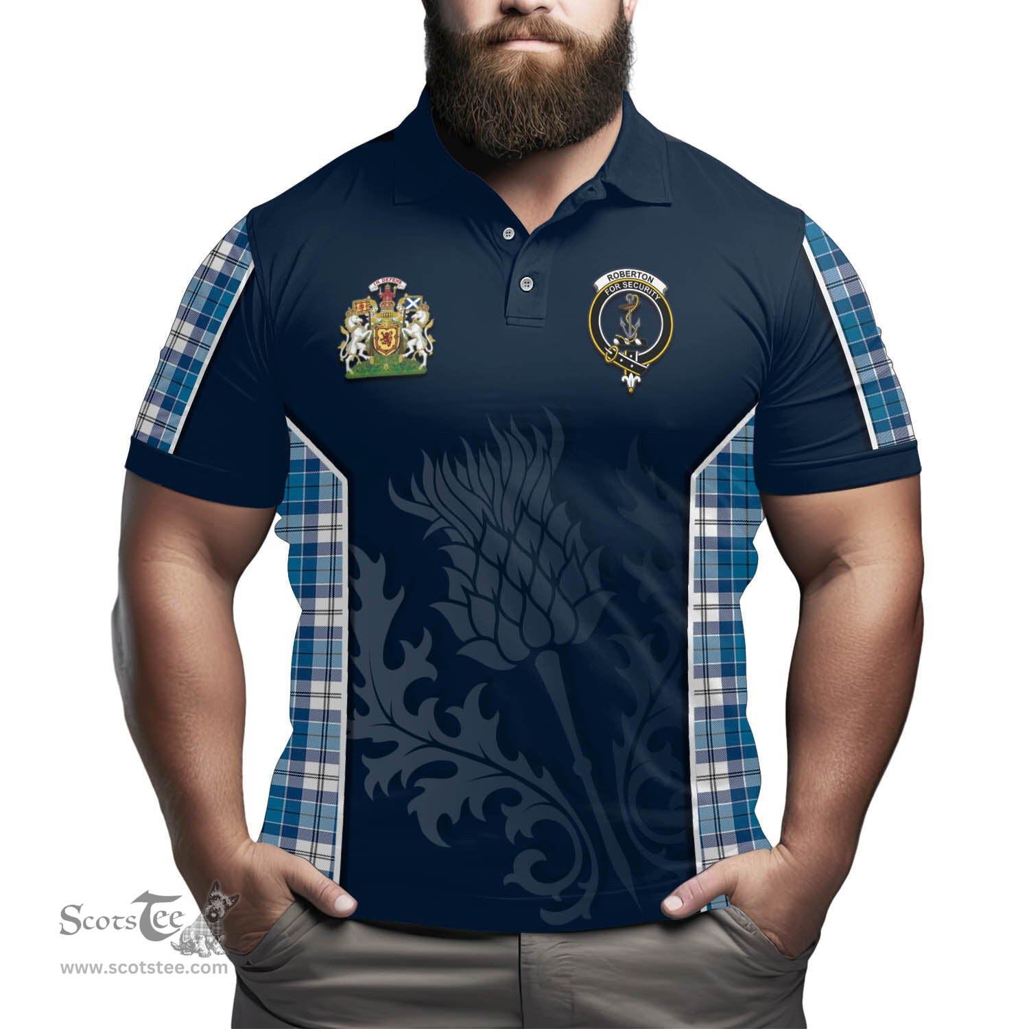 ScotsTee Shop Scottish Roberton Clan Scottish Crest and Scottish Thistle Sport Tartan Polo Shirt