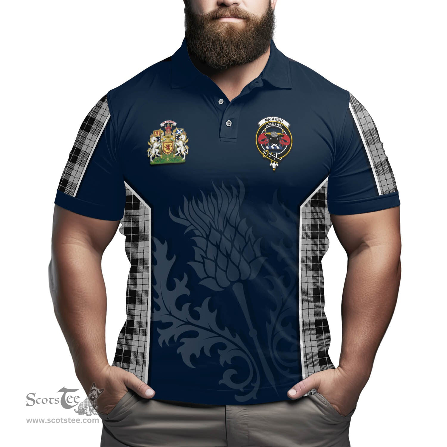 ScotsTee Shop Scottish MacLeod Black and White Clan Scottish Crest and Scottish Thistle Sport Tartan Polo Shirt