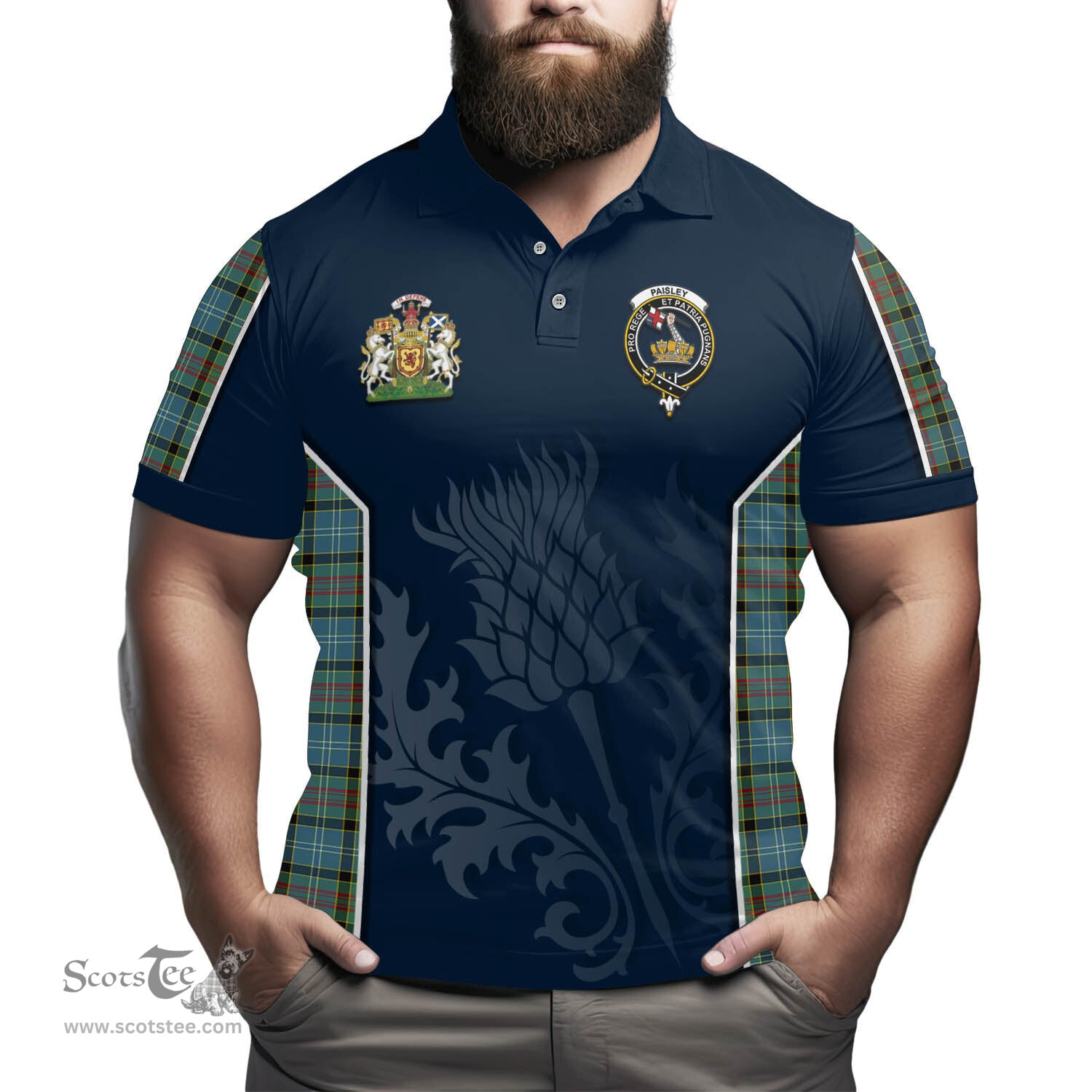 ScotsTee Shop Scottish Paisley Clan Scottish Crest and Scottish Thistle Sport Tartan Polo Shirt