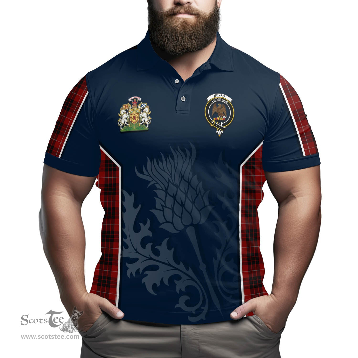 ScotsTee Shop Scottish Munro Black and Red Clan Scottish Crest and Scottish Thistle Sport Tartan Polo Shirt