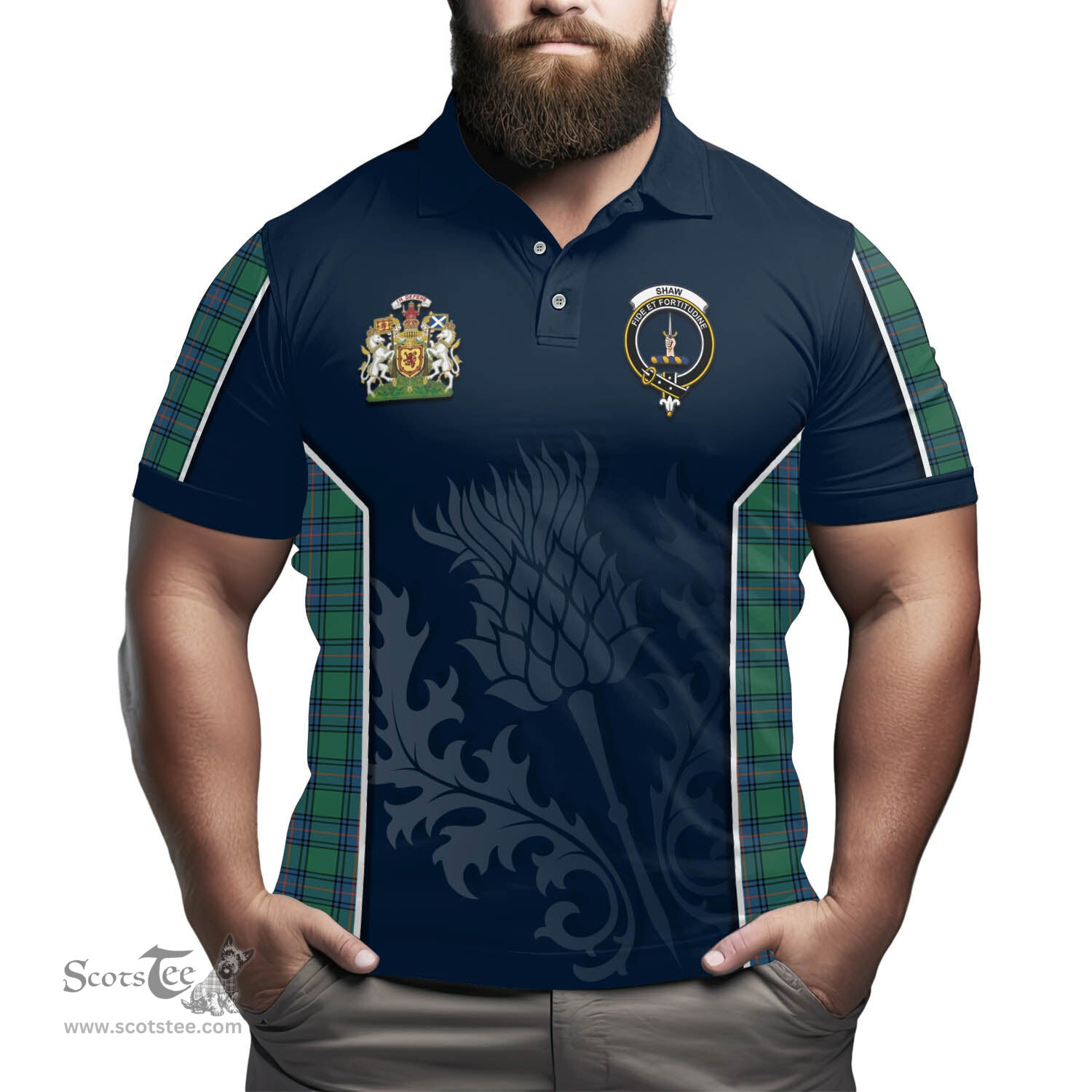 ScotsTee Shop Scottish Shaw Ancient Clan Scottish Crest and Scottish Thistle Sport Tartan Polo Shirt