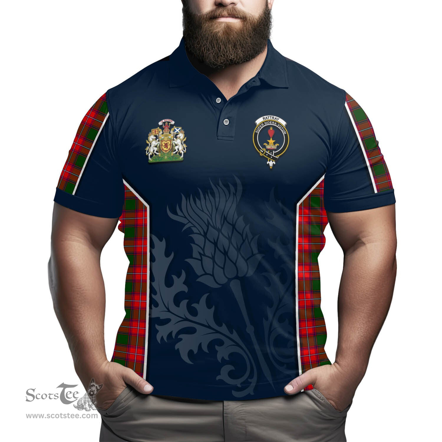 ScotsTee Shop Scottish Rattray Modern Clan Scottish Crest and Scottish Thistle Sport Tartan Polo Shirt