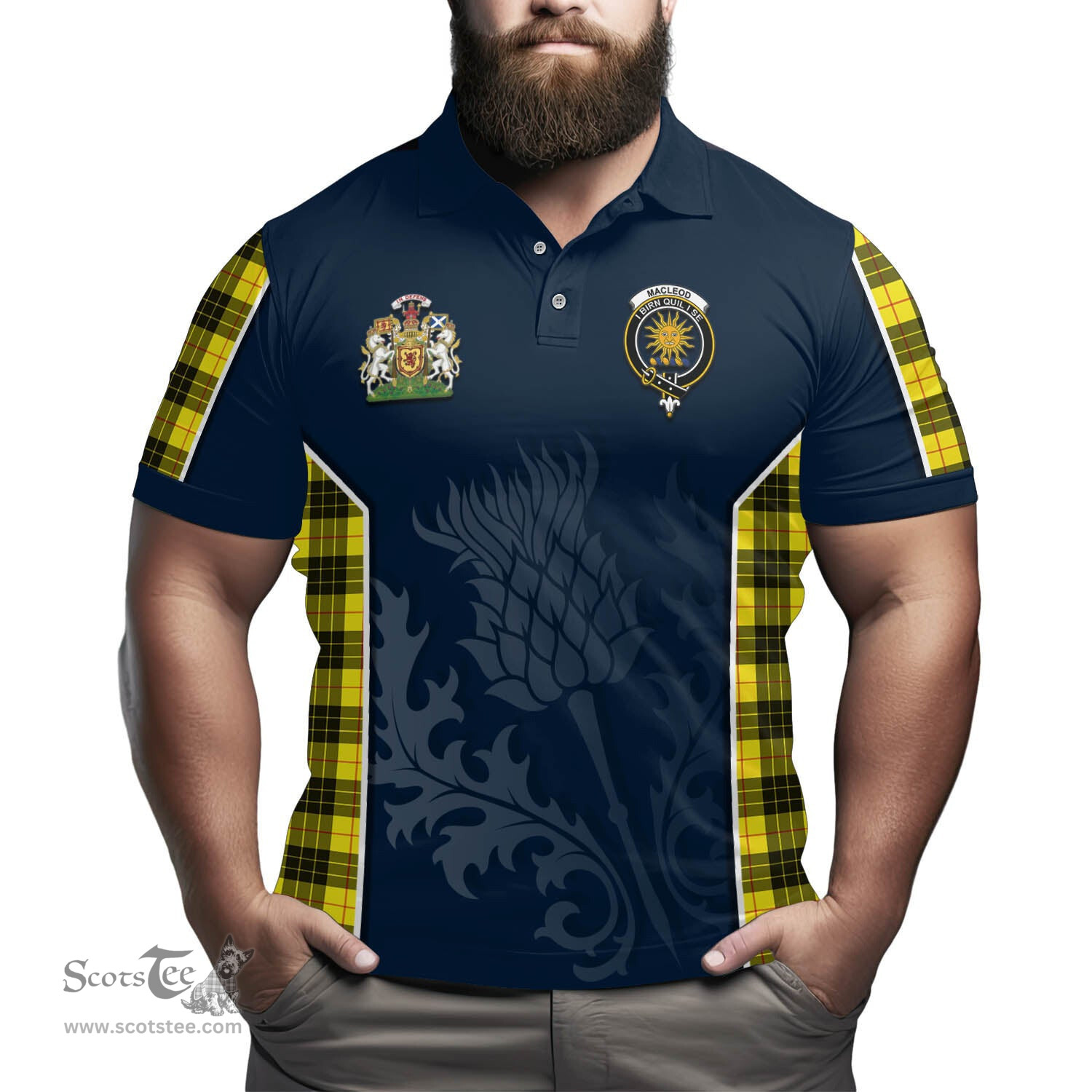 ScotsTee Shop Scottish MacLeod of Lewis Modern Clan Scottish Crest and Scottish Thistle Sport Tartan Polo Shirt