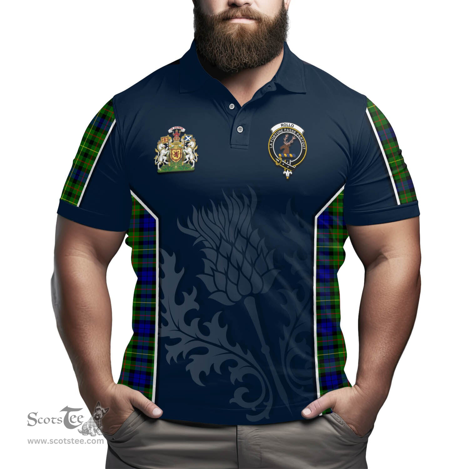 ScotsTee Shop Scottish Rollo Modern Clan Scottish Crest and Scottish Thistle Sport Tartan Polo Shirt