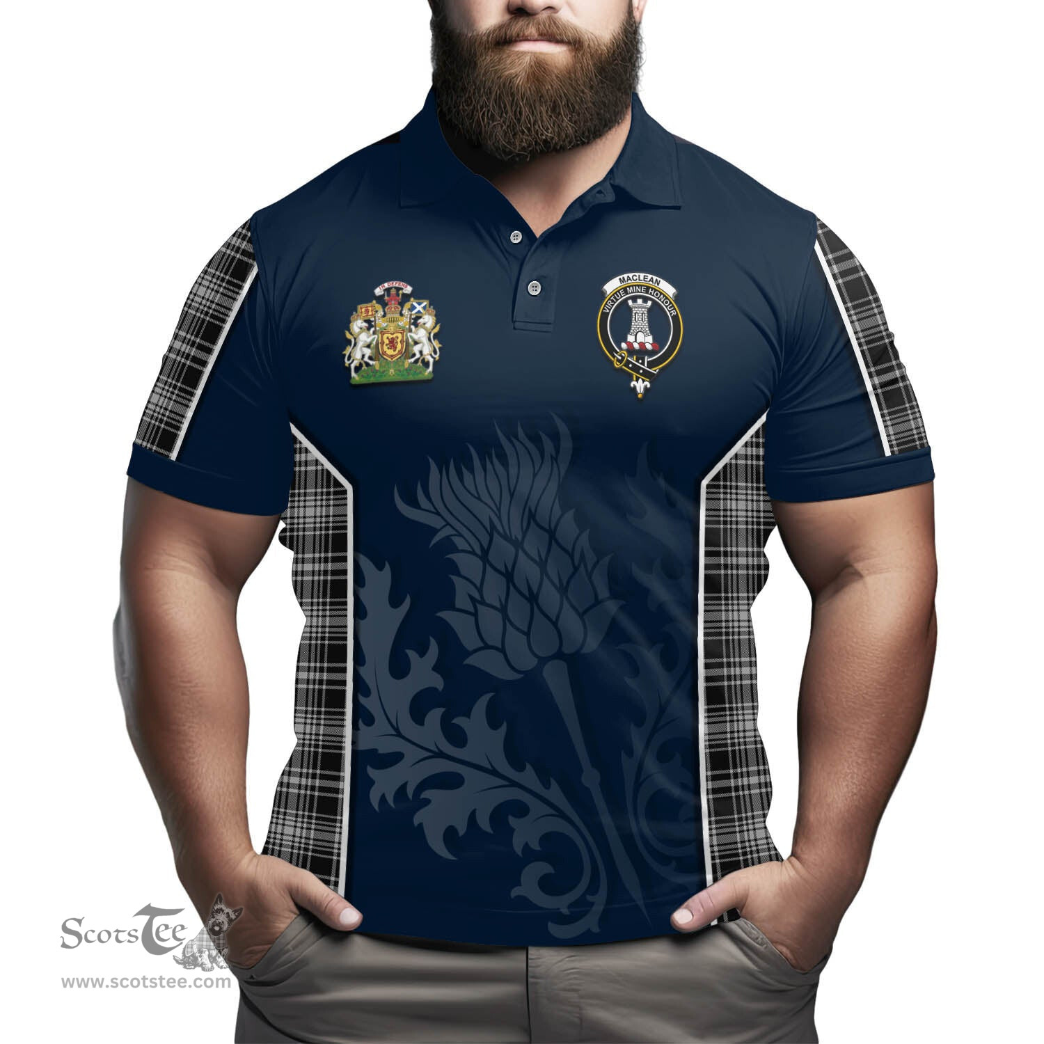 ScotsTee Shop Scottish MacLean Black and White Clan Scottish Crest and Scottish Thistle Sport Tartan Polo Shirt