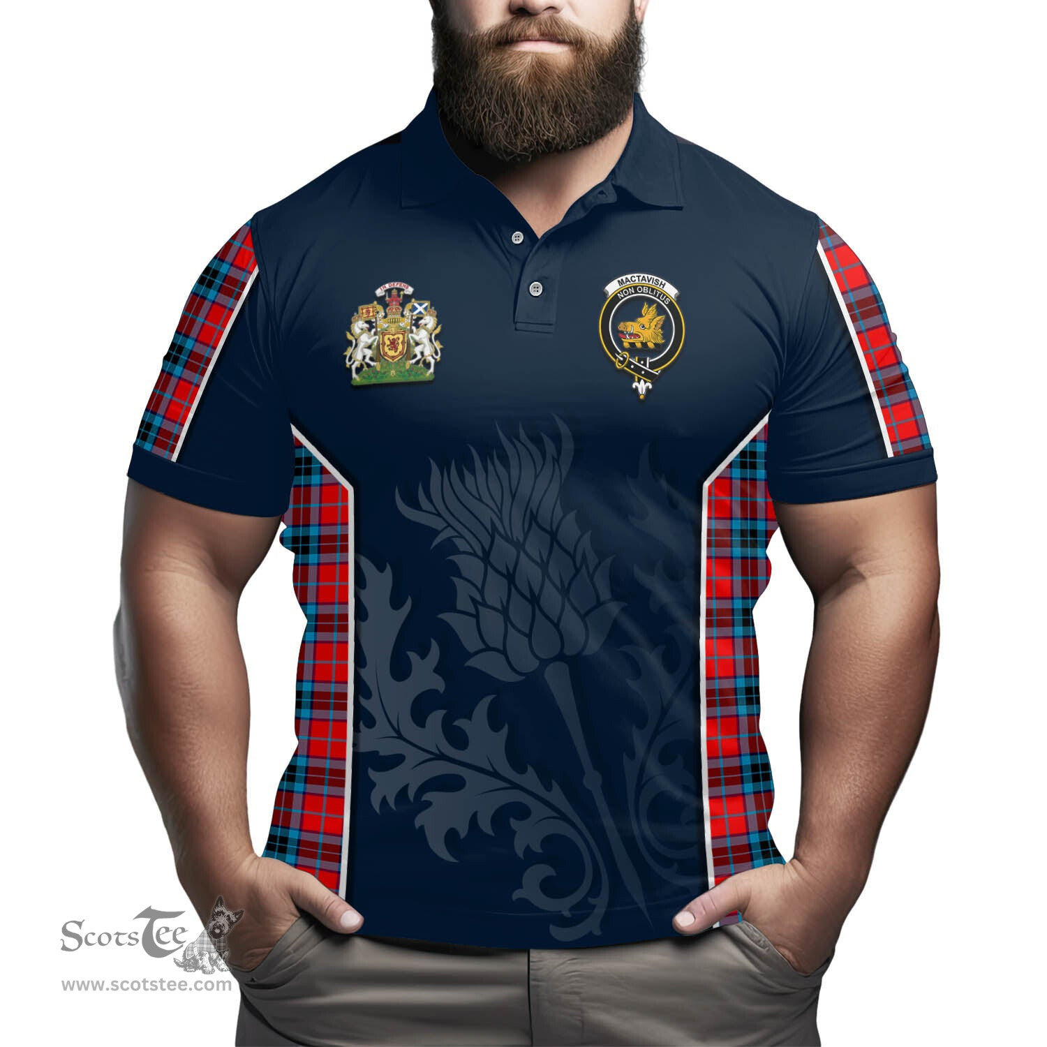 ScotsTee Shop Scottish MacTavish Modern Clan Scottish Crest and Scottish Thistle Sport Tartan Polo Shirt
