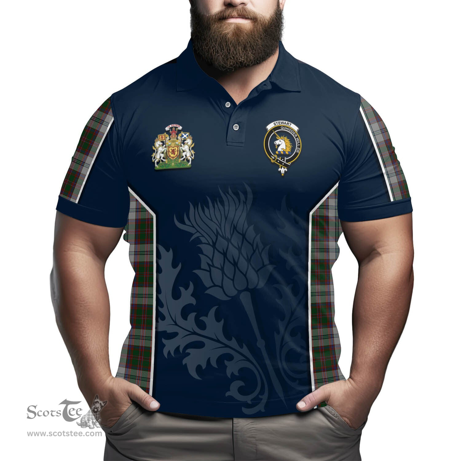 ScotsTee Shop Scottish Stewart of Appin Dress Clan Scottish Crest and Scottish Thistle Sport Tartan Polo Shirt