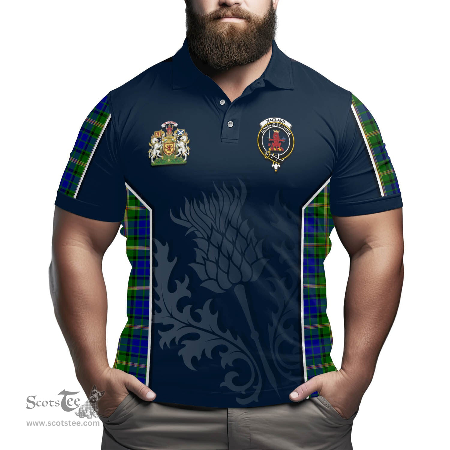 ScotsTee Shop Scottish Maitland Clan Scottish Crest and Scottish Thistle Sport Tartan Polo Shirt