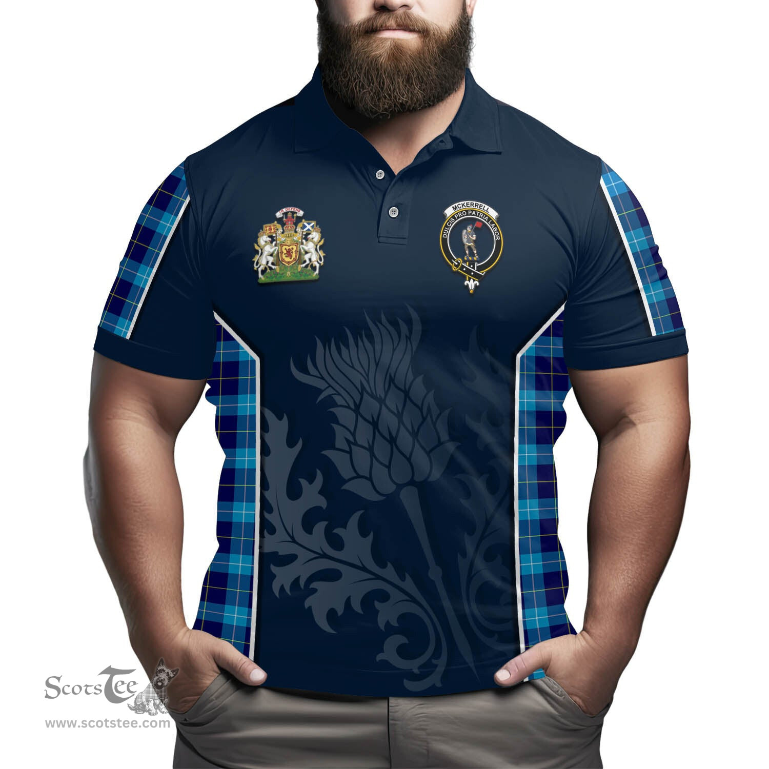 ScotsTee Shop Scottish McKerrell Clan Scottish Crest and Scottish Thistle Sport Tartan Polo Shirt