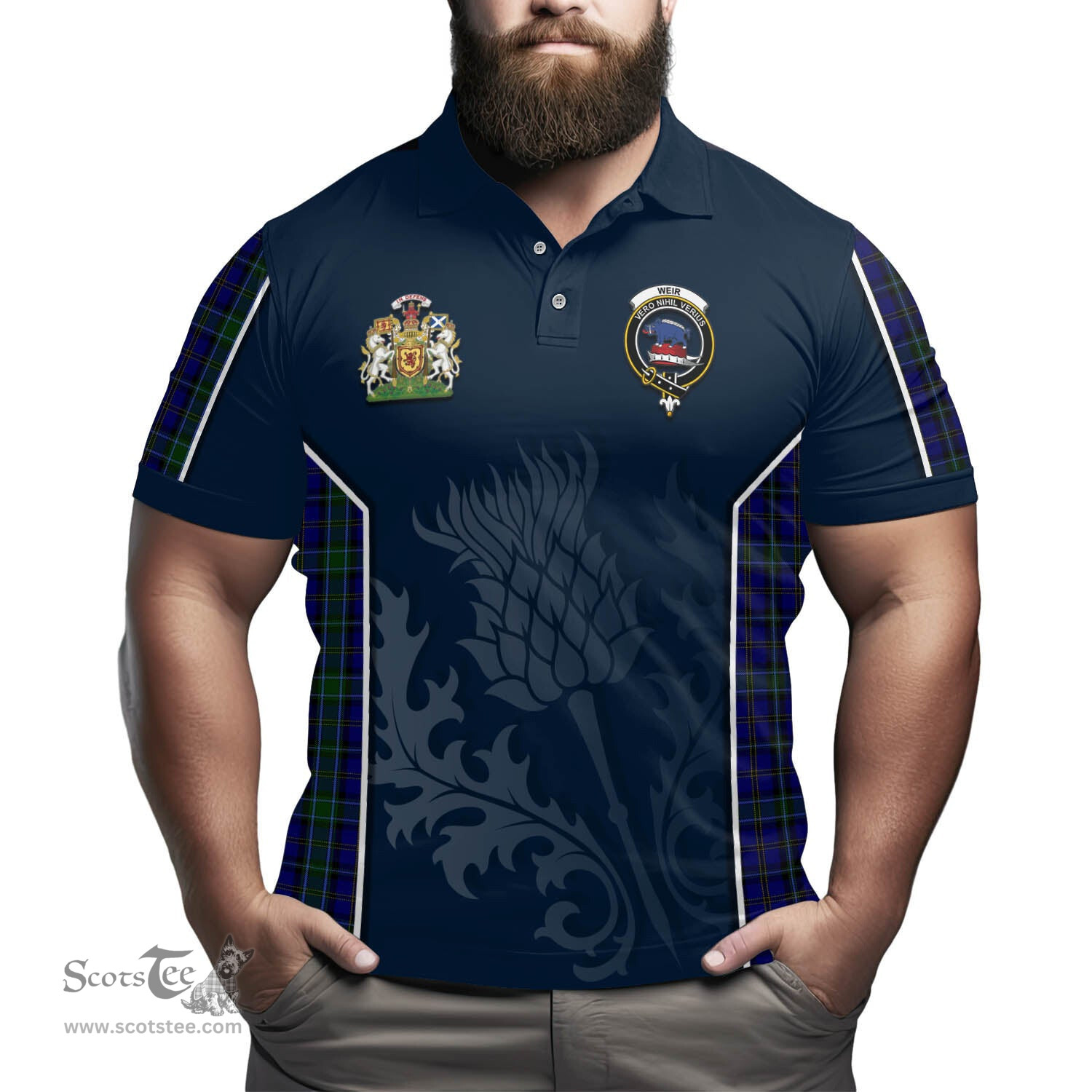 ScotsTee Shop Scottish Weir Clan Scottish Crest and Scottish Thistle Sport Tartan Polo Shirt