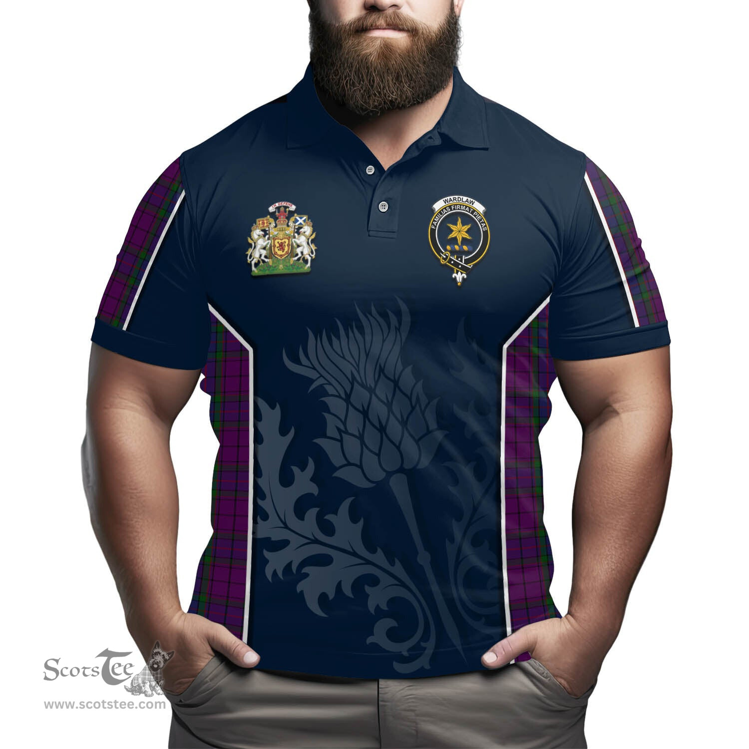 ScotsTee Shop Scottish Wardlaw Clan Scottish Crest and Scottish Thistle Sport Tartan Polo Shirt