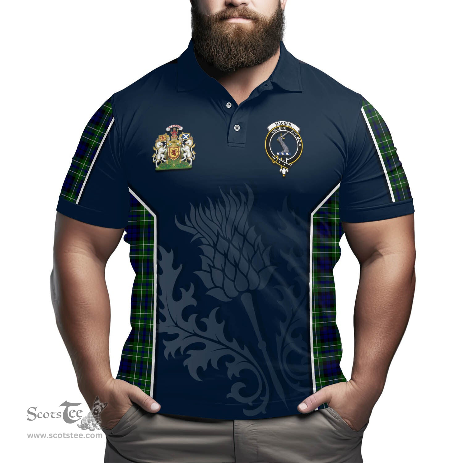 ScotsTee Shop Scottish MacNeil of Colonsay Modern Clan Scottish Crest and Scottish Thistle Sport Tartan Polo Shirt