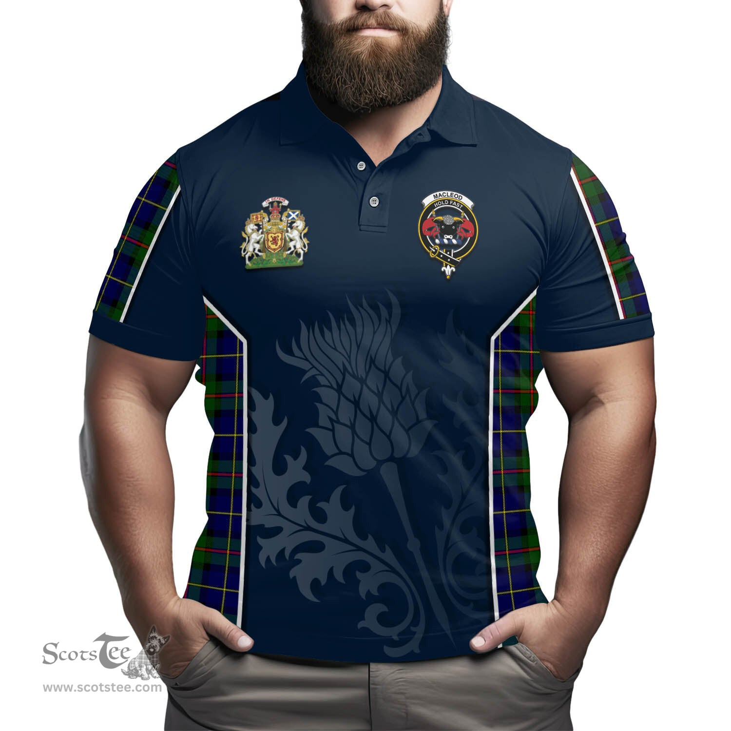 ScotsTee Shop Scottish MacLeod of Harris Modern Clan Scottish Crest and Scottish Thistle Sport Tartan Polo Shirt