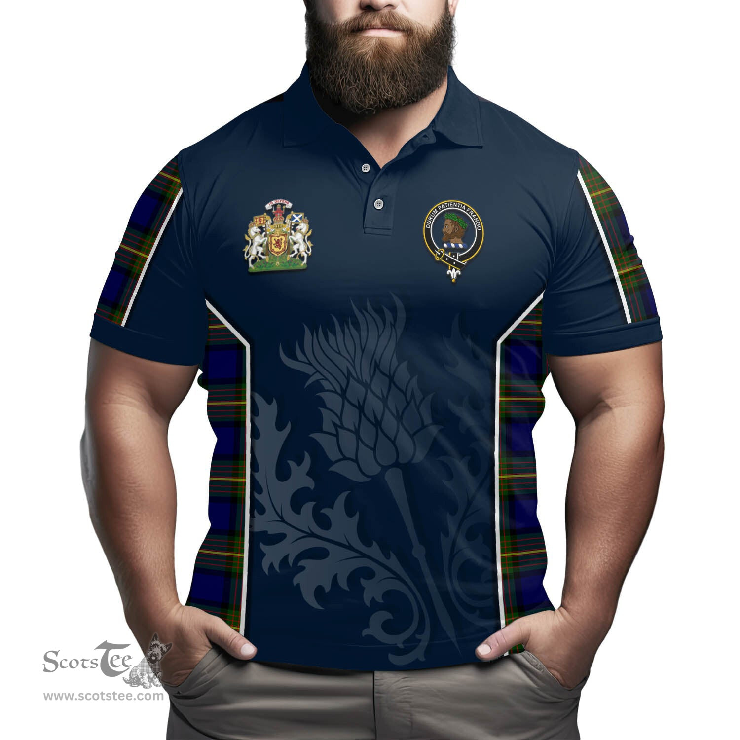 ScotsTee Shop Scottish Moore Clan Scottish Crest and Scottish Thistle Sport Tartan Polo Shirt