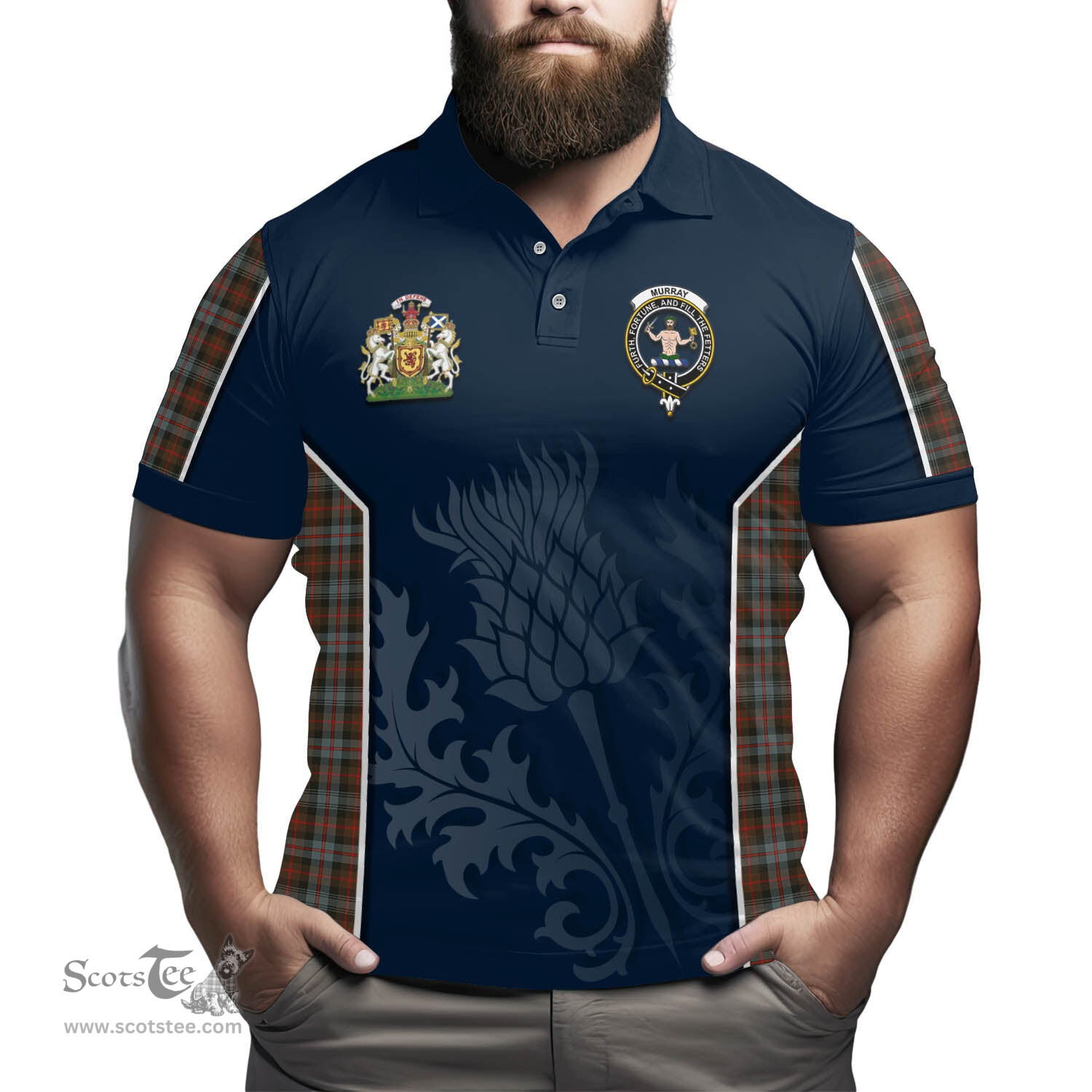 ScotsTee Shop Scottish Murray of Atholl Weathered Clan Scottish Crest and Scottish Thistle Sport Tartan Polo Shirt
