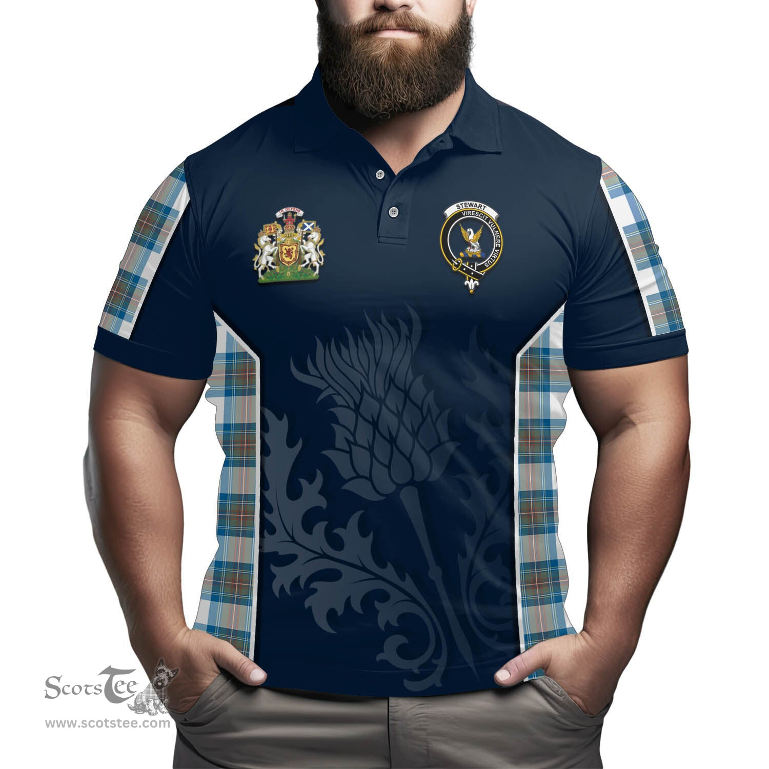 ScotsTee Shop Scottish Stewart Muted Blue Clan Scottish Crest and Scottish Thistle Sport Tartan Polo Shirt