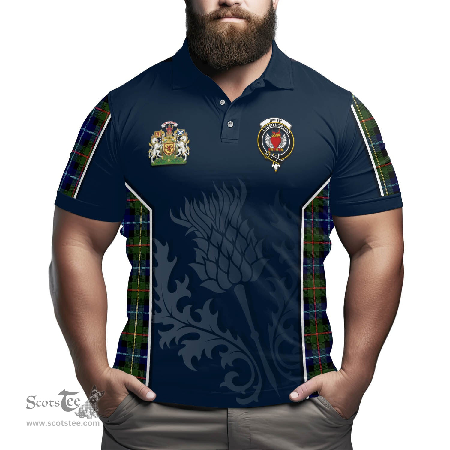 ScotsTee Shop Scottish Smith Modern Clan Scottish Crest and Scottish Thistle Sport Tartan Polo Shirt