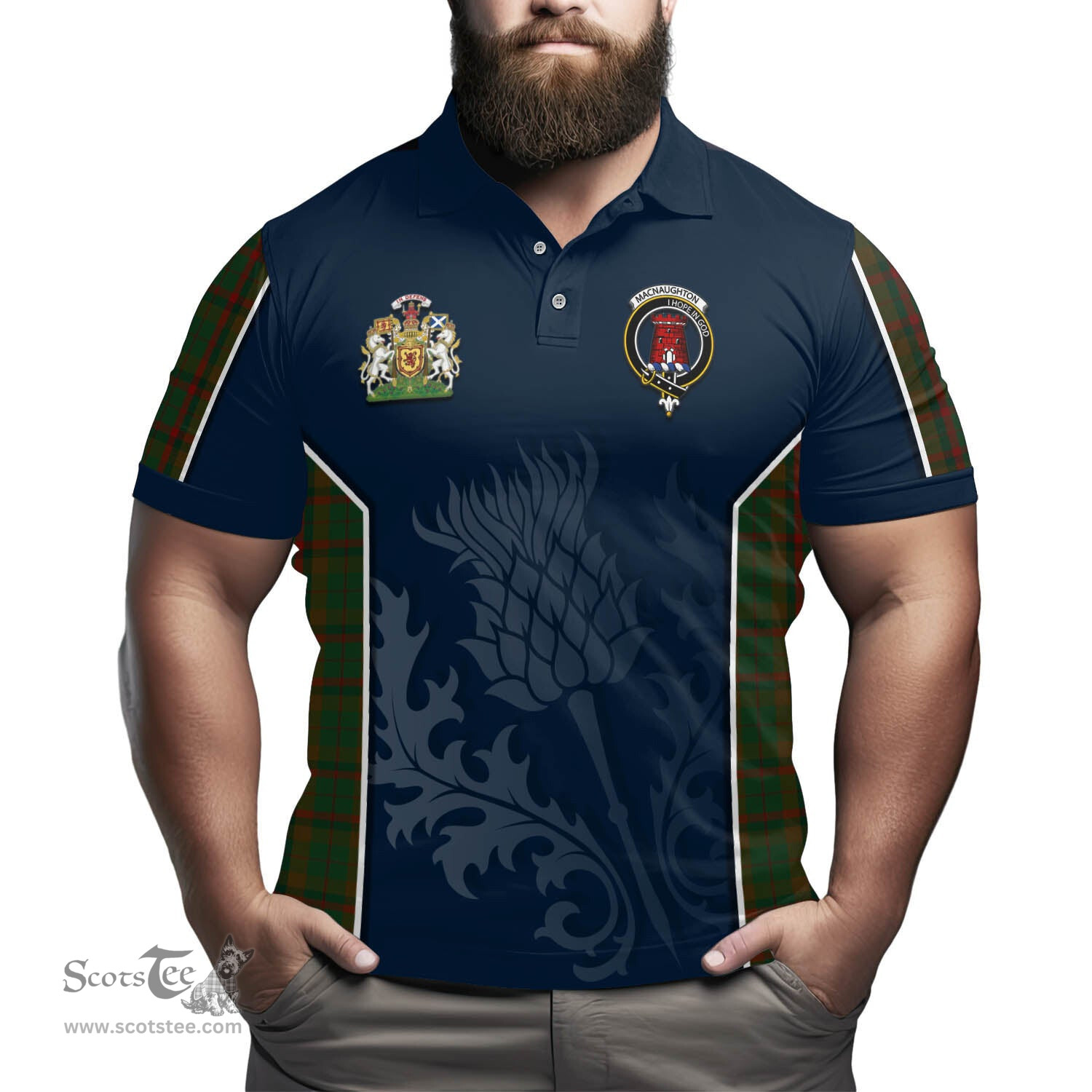 ScotsTee Shop Scottish Macnaughton Hunting Clan Scottish Crest and Scottish Thistle Sport Tartan Polo Shirt