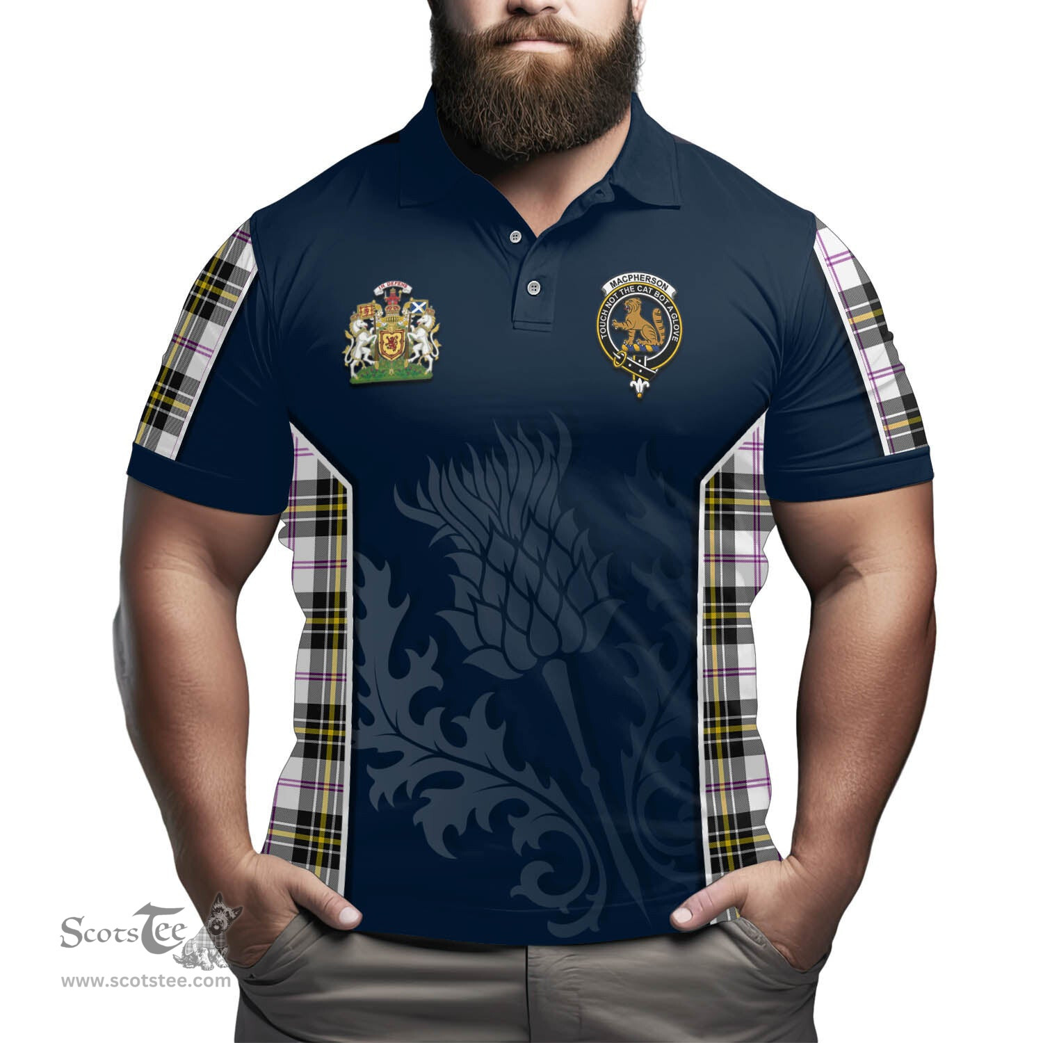ScotsTee Shop Scottish MacPherson Dress Modern Clan Scottish Crest and Scottish Thistle Sport Tartan Polo Shirt