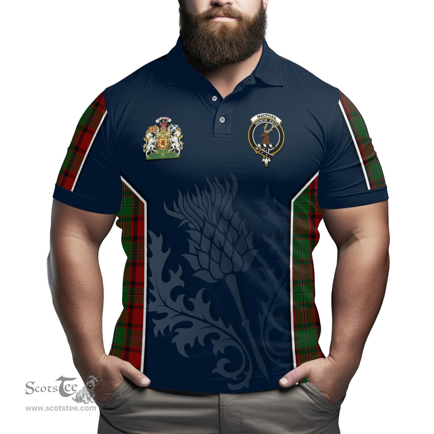 ScotsTee Shop Scottish MacPhail Clan Scottish Crest and Scottish Thistle Sport Tartan Polo Shirt