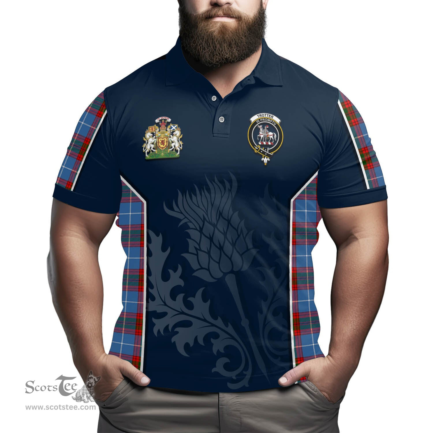 ScotsTee Shop Scottish Trotter Clan Scottish Crest and Scottish Thistle Sport Tartan Polo Shirt