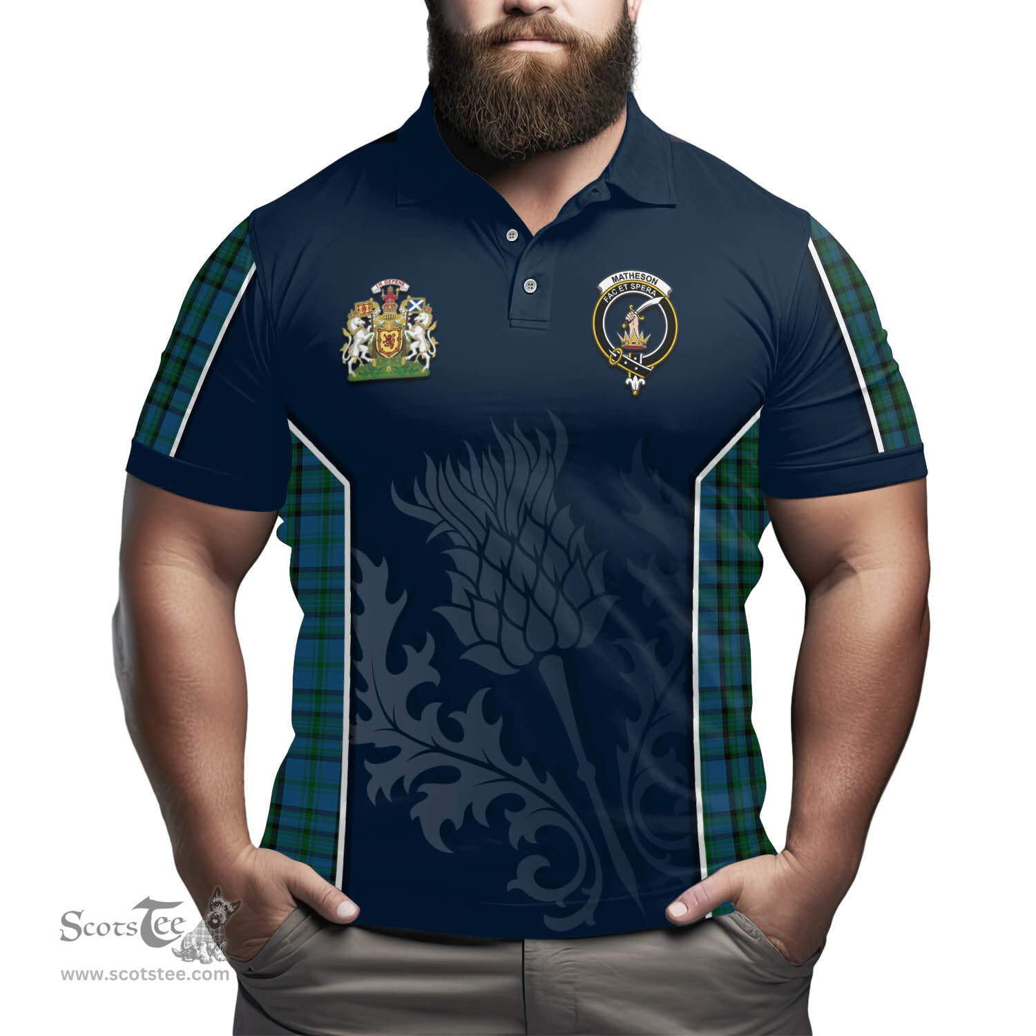 ScotsTee Shop Scottish Matheson Hunting Clan Scottish Crest and Scottish Thistle Sport Tartan Polo Shirt
