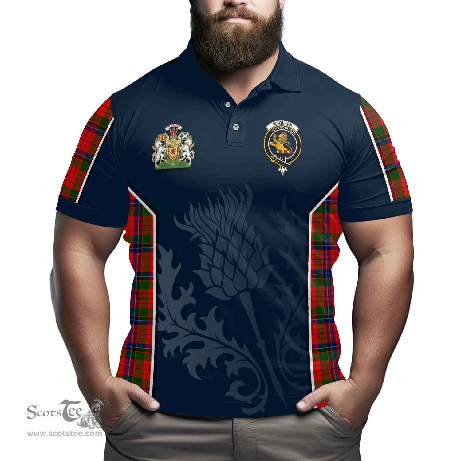 ScotsTee Shop Scottish Nicolson Modern Clan Scottish Crest and Scottish Thistle Sport Tartan Polo Shirt