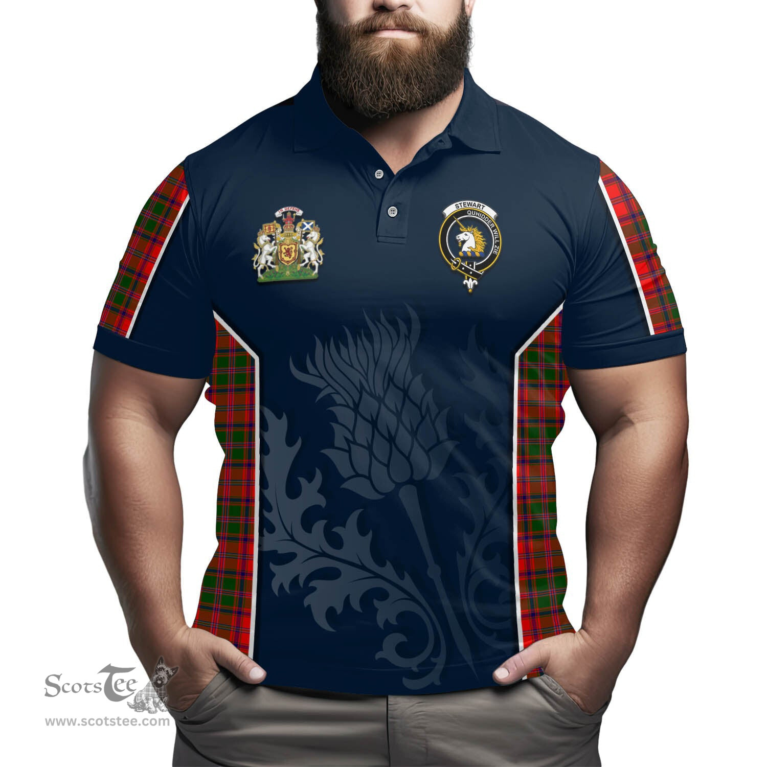 ScotsTee Shop Scottish Stewart of Appin Modern Clan Scottish Crest and Scottish Thistle Sport Tartan Polo Shirt