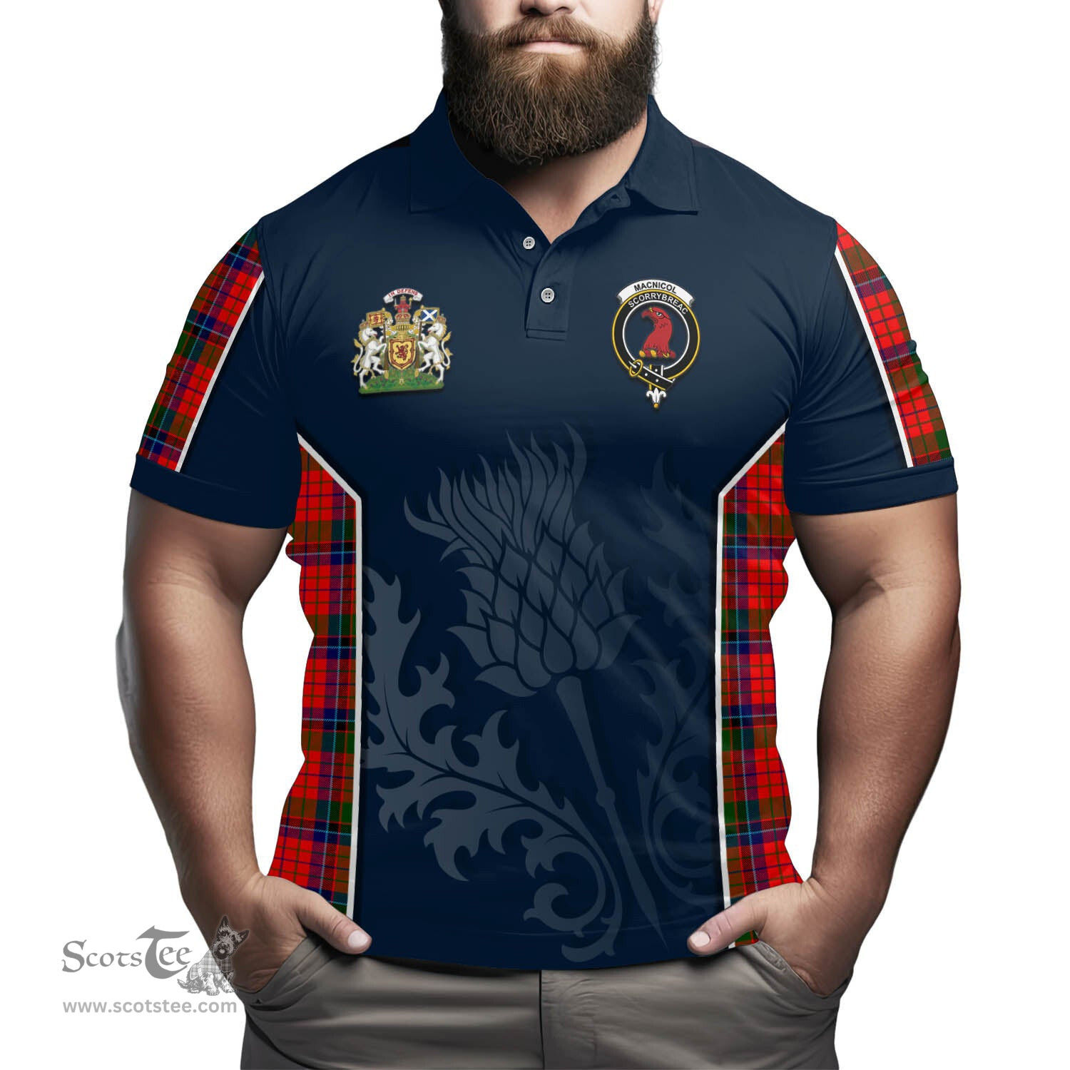 ScotsTee Shop Scottish MacNicol of Scorrybreac Clan Scottish Crest and Scottish Thistle Sport Tartan Polo Shirt
