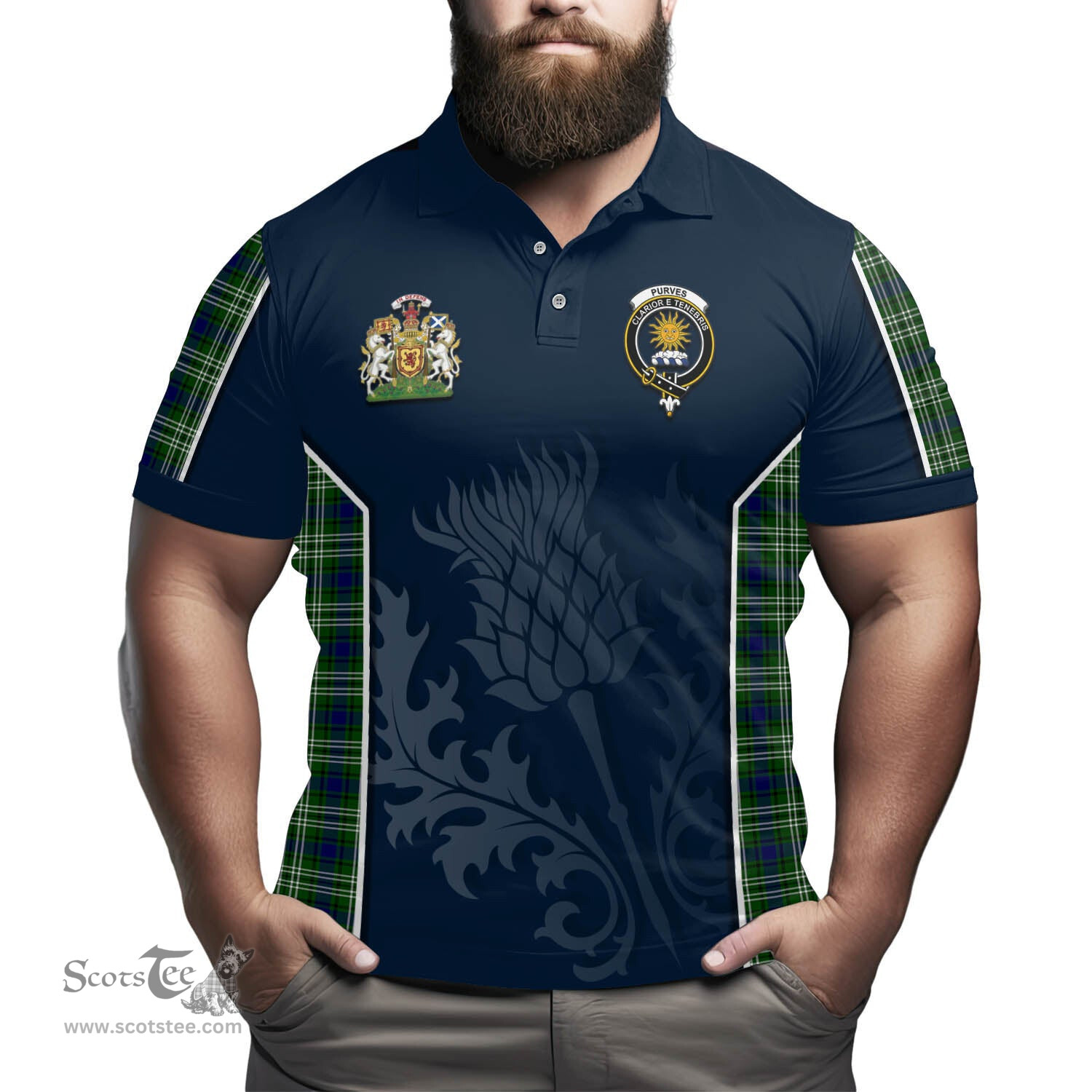 ScotsTee Shop Scottish Purves Clan Scottish Crest and Scottish Thistle Sport Tartan Polo Shirt