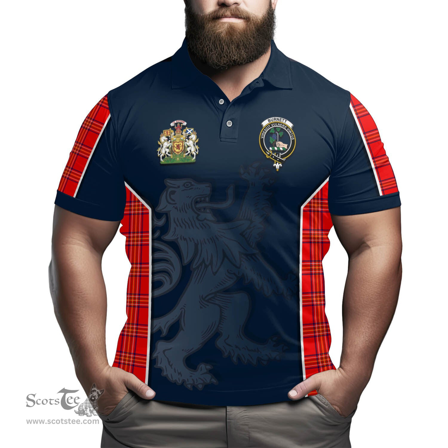 ScotsTee Shop Scottish Burnett Modern Clan Scottish Crest and Scottish Lion Rampant Sport Tartan Polo Shirt