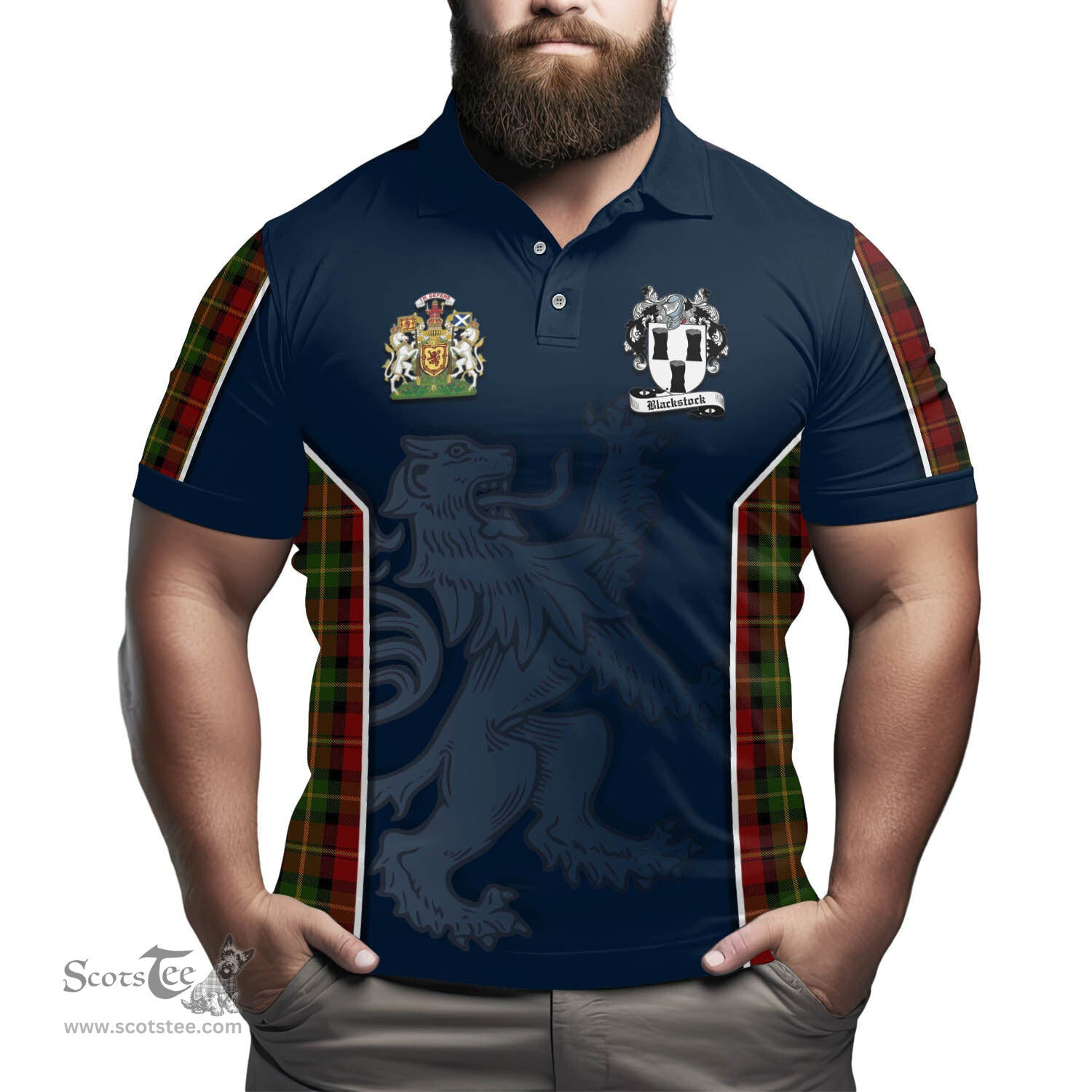 ScotsTee Shop Scottish Blackstock Red Dress Clan Scottish Crest and Scottish Lion Rampant Sport Tartan Polo Shirt