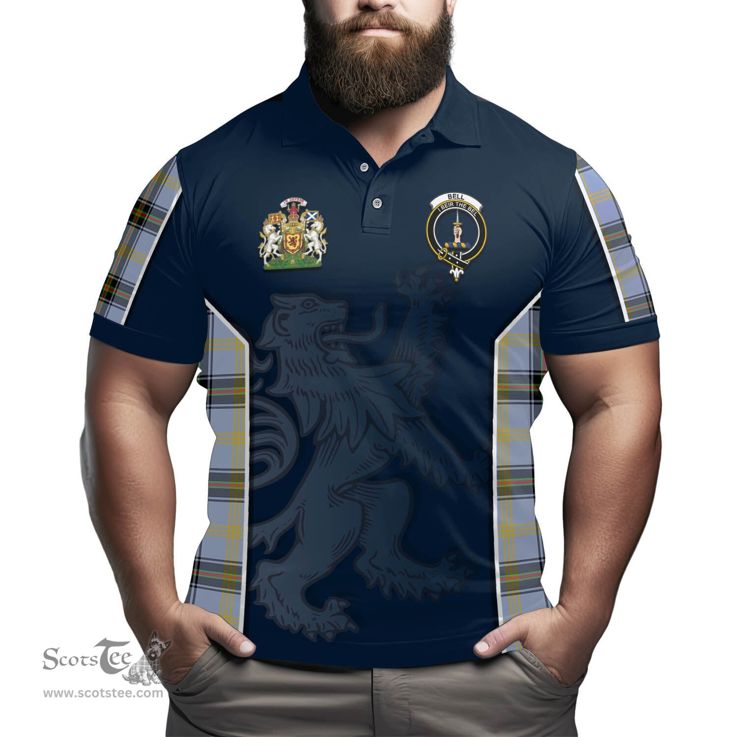 ScotsTee Shop Scottish Bell Clan Scottish Crest and Scottish Lion Rampant Sport Tartan Polo Shirt
