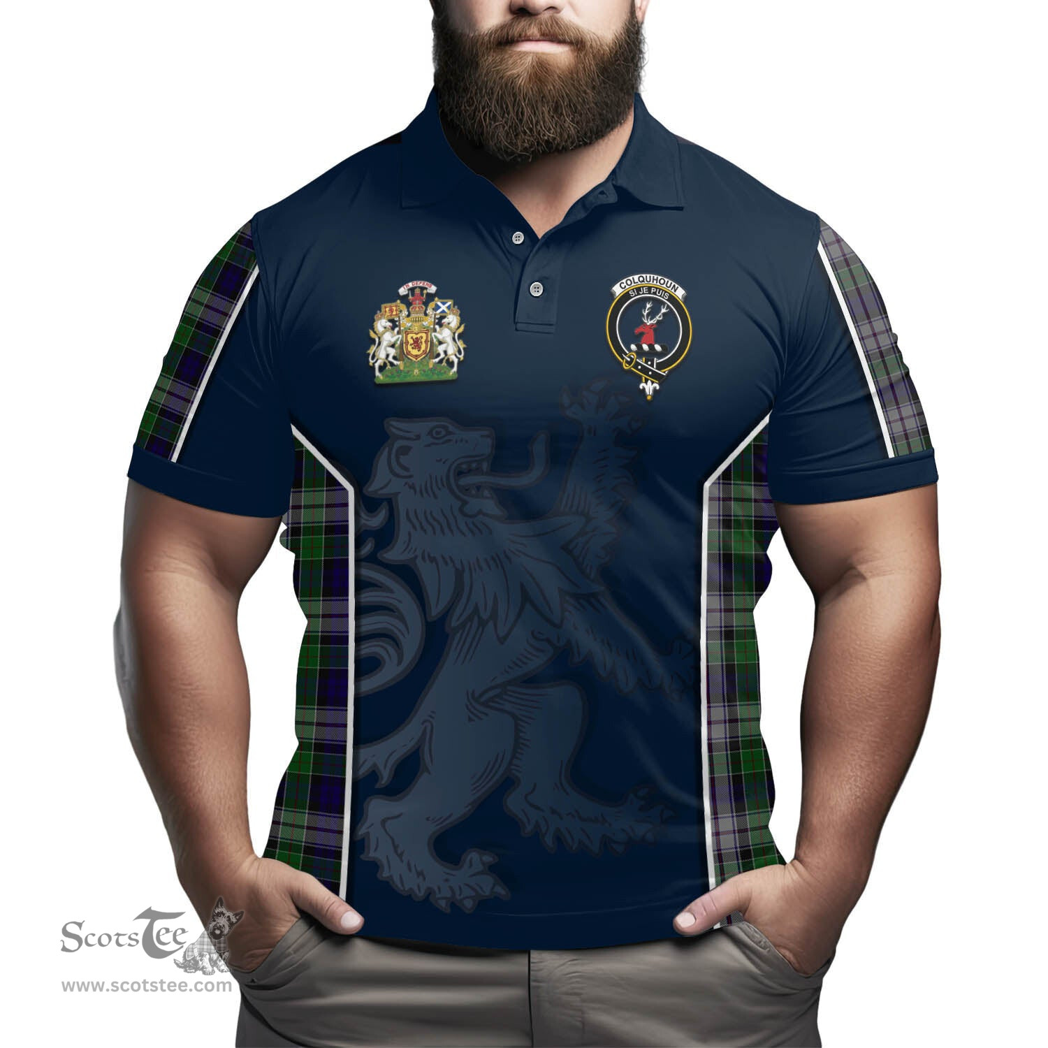 ScotsTee Shop Scottish Colquhoun Dress Clan Scottish Crest and Scottish Lion Rampant Sport Tartan Polo Shirt