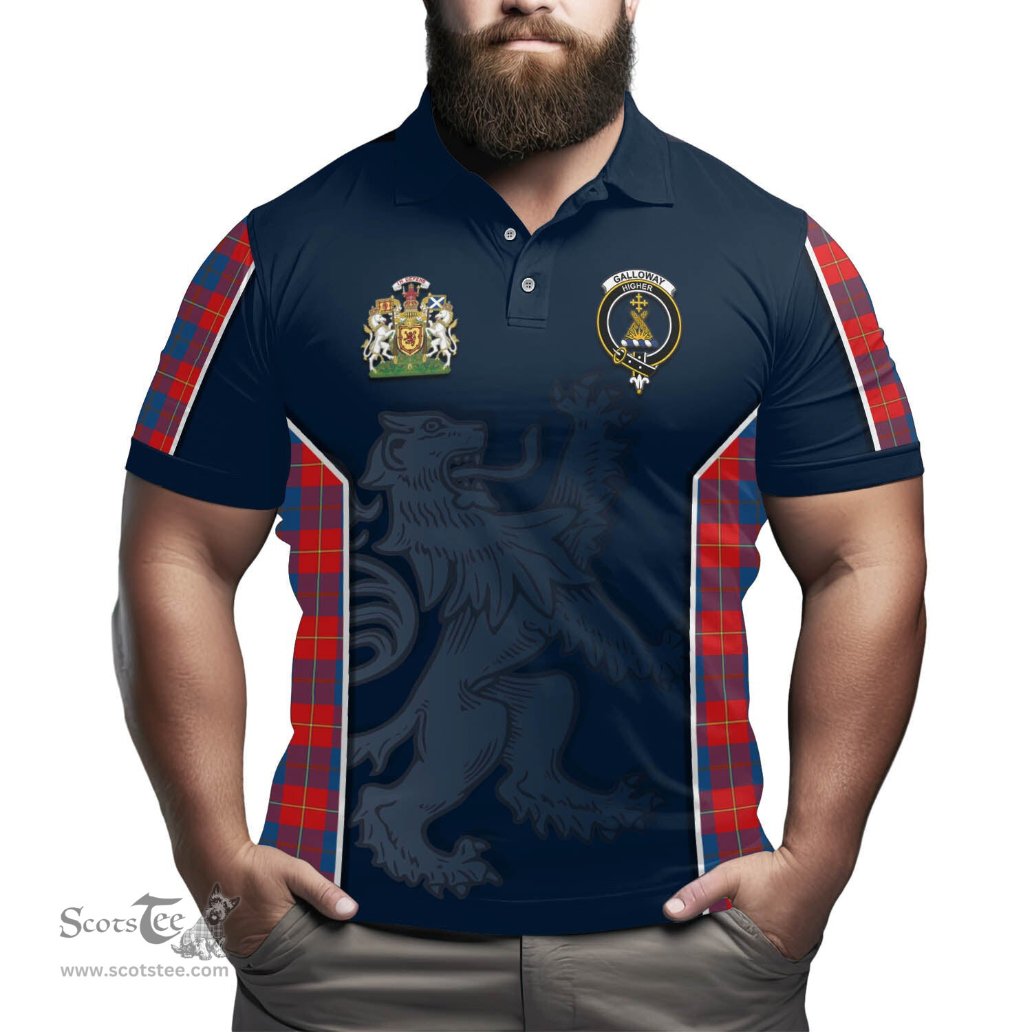 ScotsTee Shop Scottish Galloway Red Clan Scottish Crest and Scottish Lion Rampant Sport Tartan Polo Shirt