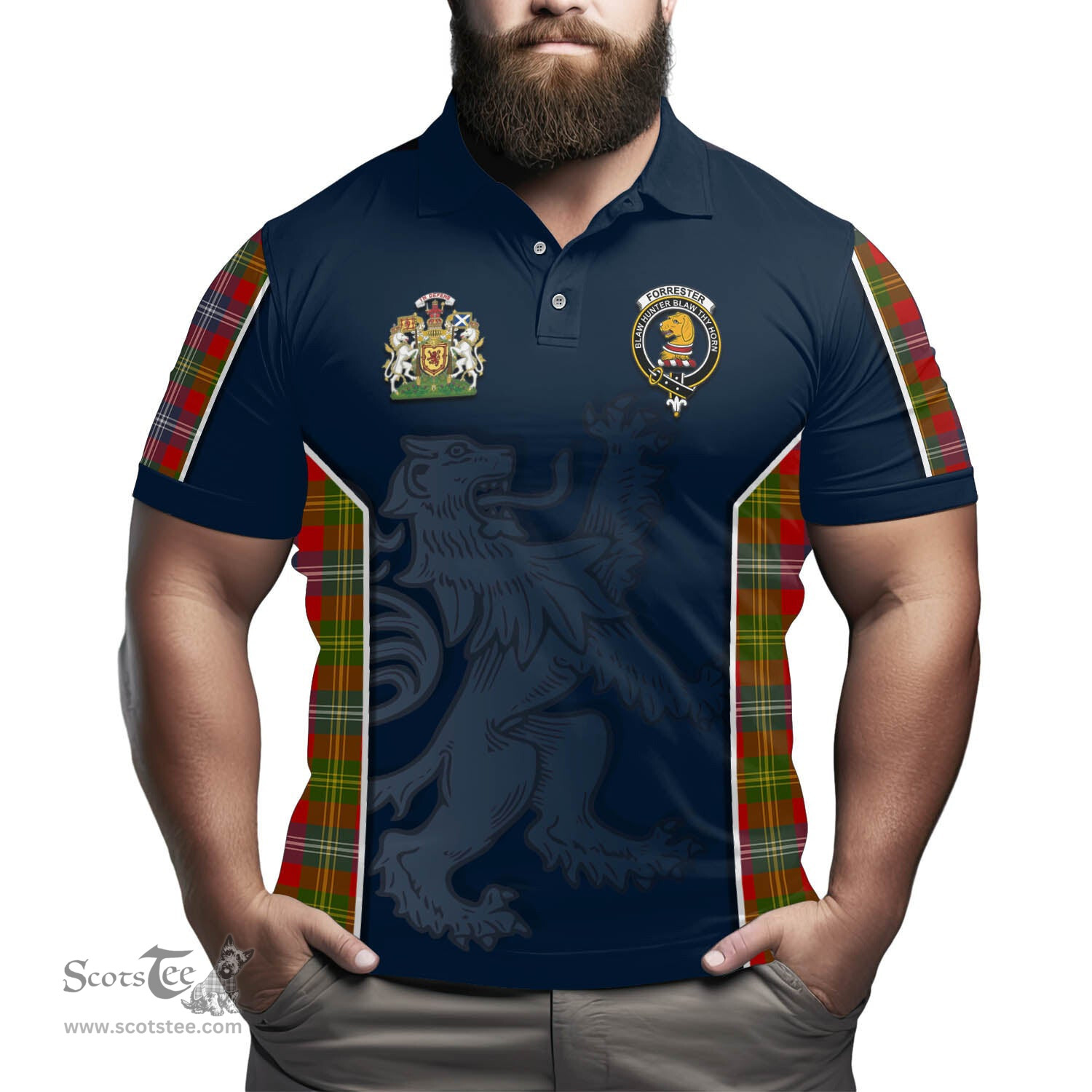ScotsTee Shop Scottish Forrester Clan Scottish Crest and Scottish Lion Rampant Sport Tartan Polo Shirt