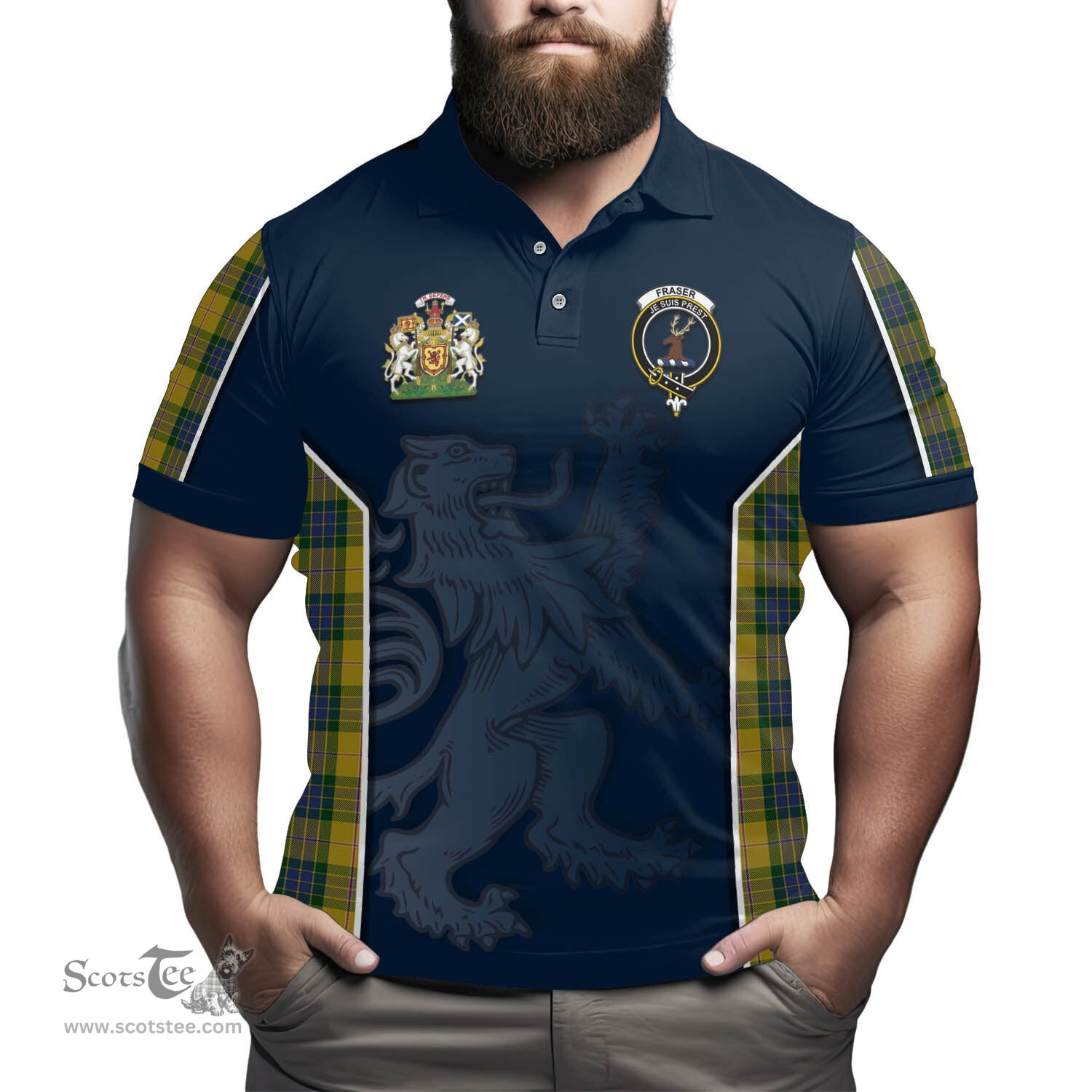 ScotsTee Shop Scottish Fraser Yellow Clan Scottish Crest and Scottish Lion Rampant Sport Tartan Polo Shirt