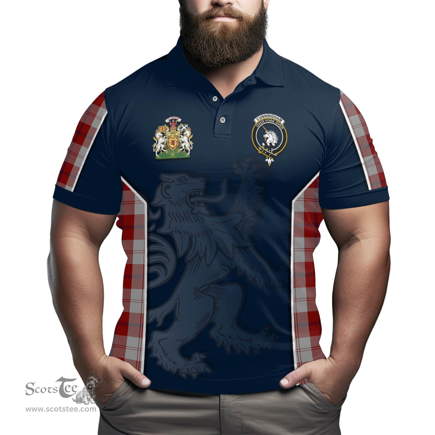 ScotsTee Shop Scottish Cunningham Dress Clan Scottish Crest and Scottish Lion Rampant Sport Tartan Polo Shirt