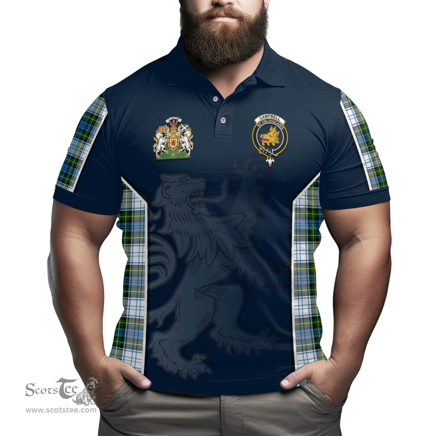 ScotsTee Shop Scottish Campbell Dress Clan Scottish Crest and Scottish Lion Rampant Sport Tartan Polo Shirt